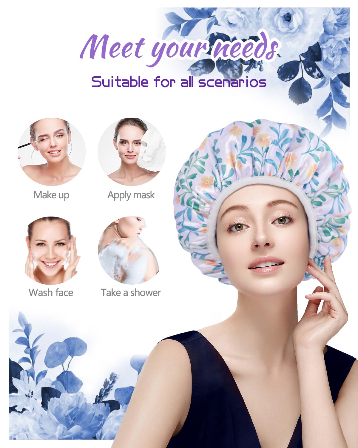 Shower Cap, Terry lined Reusable shower caps, Large Shower Cap for Women, Waterproof Hair cap Triple Layer Shower Caps for Long Thick Hair