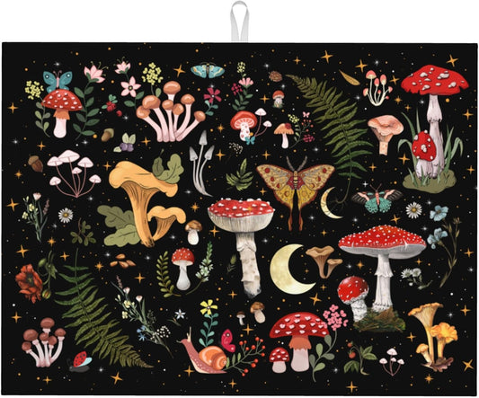 Mushroom Dish Drying Mat for Kitchen Counter 18"x24" Moth Gothic Witchy Dishes Pad Dish Drainer Rack Mats Microfiber Washable Absorbent Kitchen Decor, Black