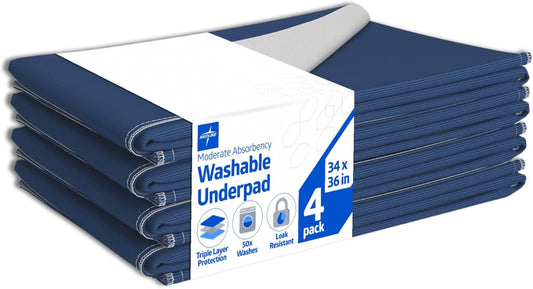 Medline Sofnit 300, Pack of 4 Large Washable Blue Underpads, 34”x 36” for Use as Reusable Pet Pads, Reusable Bed Pads, Great for Dogs, Cats and Bunnies