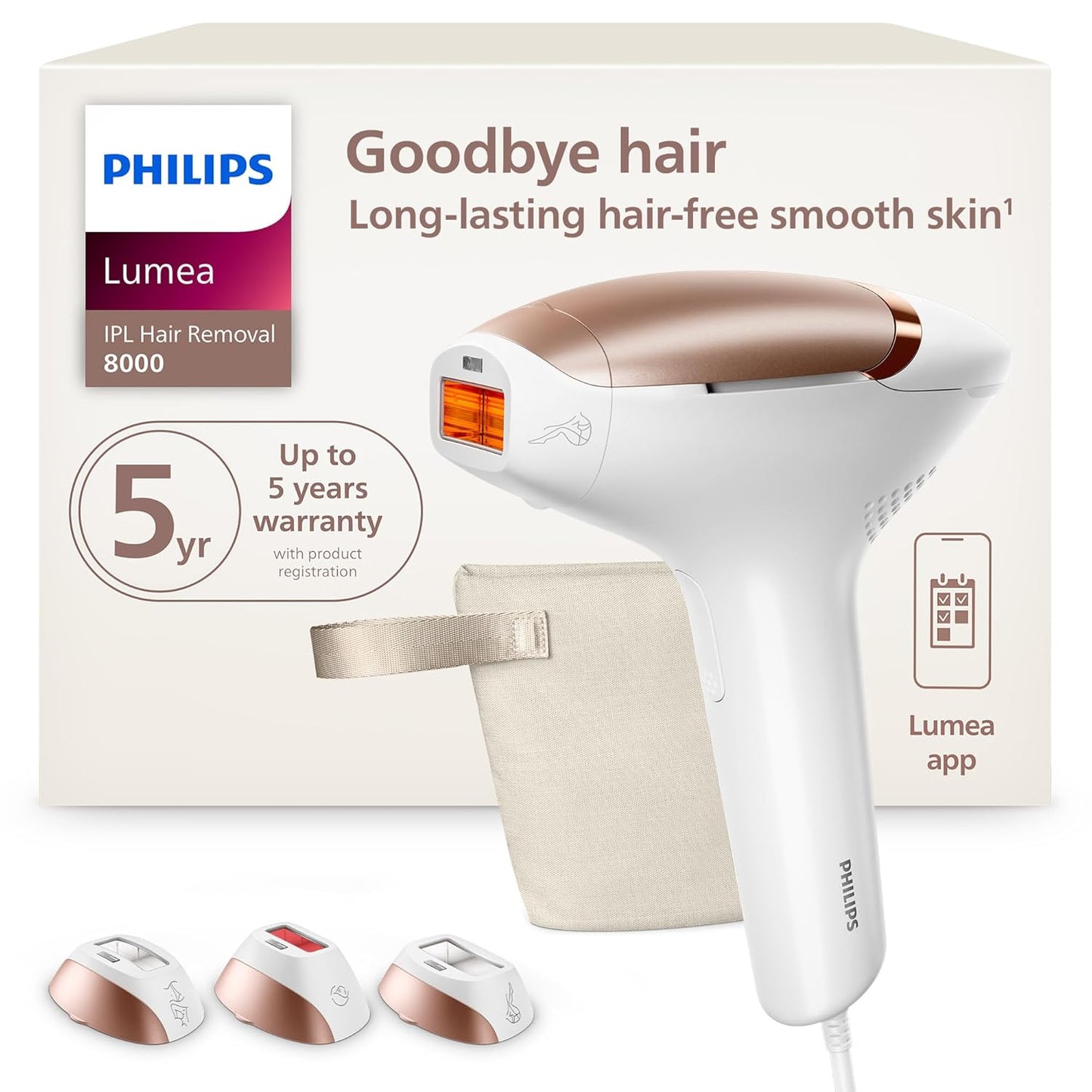 Philips Lumea 8000 Series IPL Hair Removal Device - Permanent Visible Hair Reduction Done at Home, SenseIQ Technology, 3 Attachments for Body, Face & Sensitive Areas, for Women & Men, BRI937/03