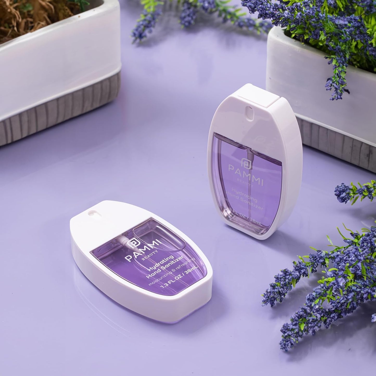 PAMMI Power Mist Hydrating Hand Sanitizer Spray, Portable Travel Size Pocket Hand Sanitizer, Scented Handsanitizer Mini Spray For Car - 600 Sprays (2 Pack (Rose, Lavender))