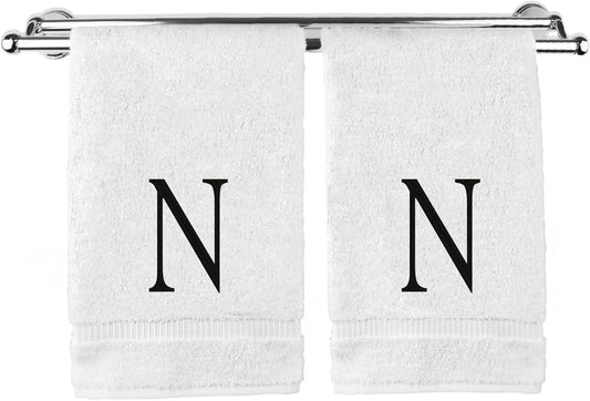 Monogrammed Hand Towel, Personalized Initial Gift, Extra Absorbent 100% Turkish Cotton - Soft Terry Finish - Set of 2 - Black Block Initial N - Embroidered on White Towels
