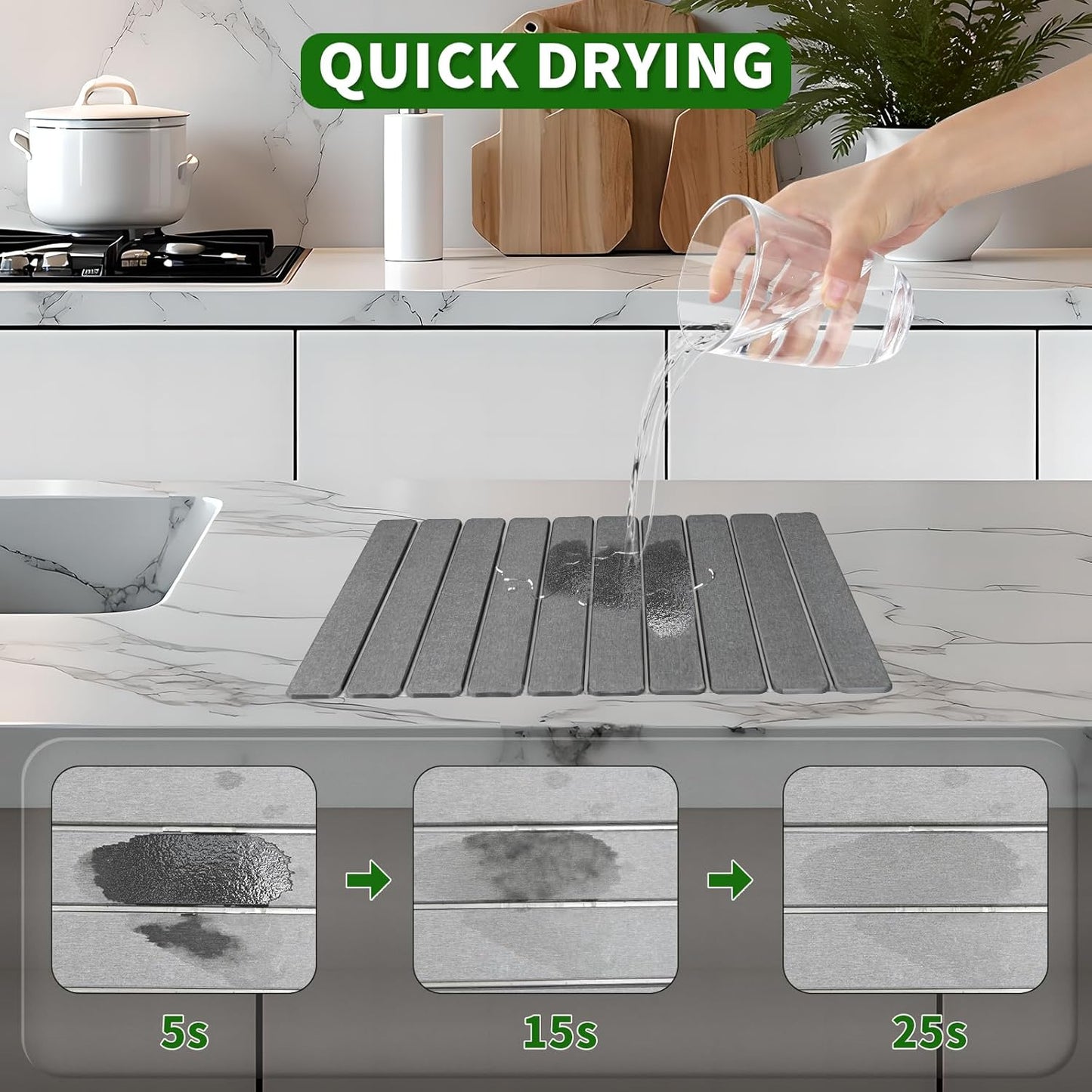 Large Stone Dish Drying Mat, 24"(L)×16"(W), Eco - Friendly Absorbent Diatomaceous Earth Mat for Kitchen Dishes, Bottles, Cups & Bathroom Countertops