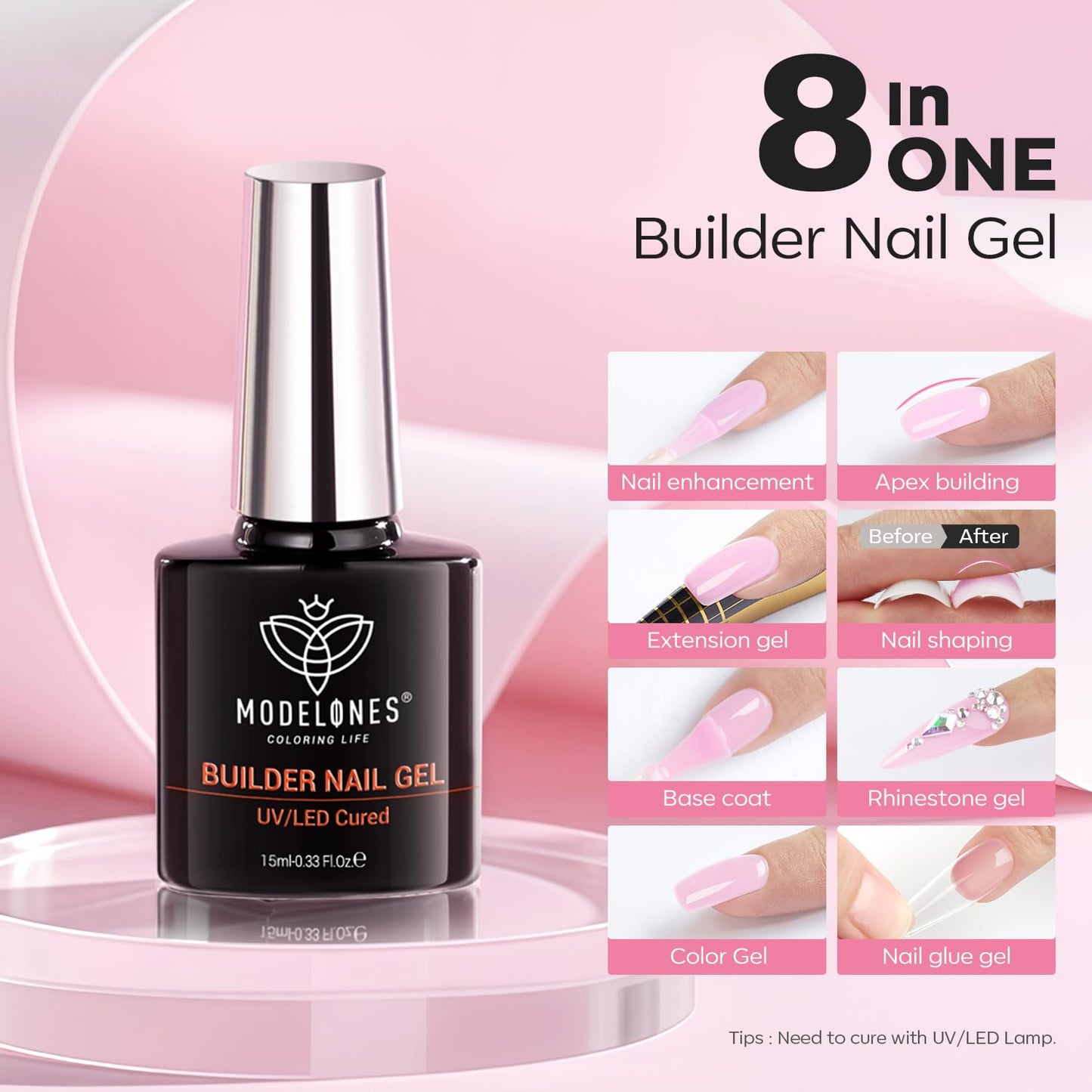 modelones Builder Nail Gel, 8-in-One Baby Pink Builder, Pastel Pink Rubber Base Gel Polish, LED Lamp Cured Color Base Hardener Apex Building Strengthener Extension for DIY Salon Girls Home