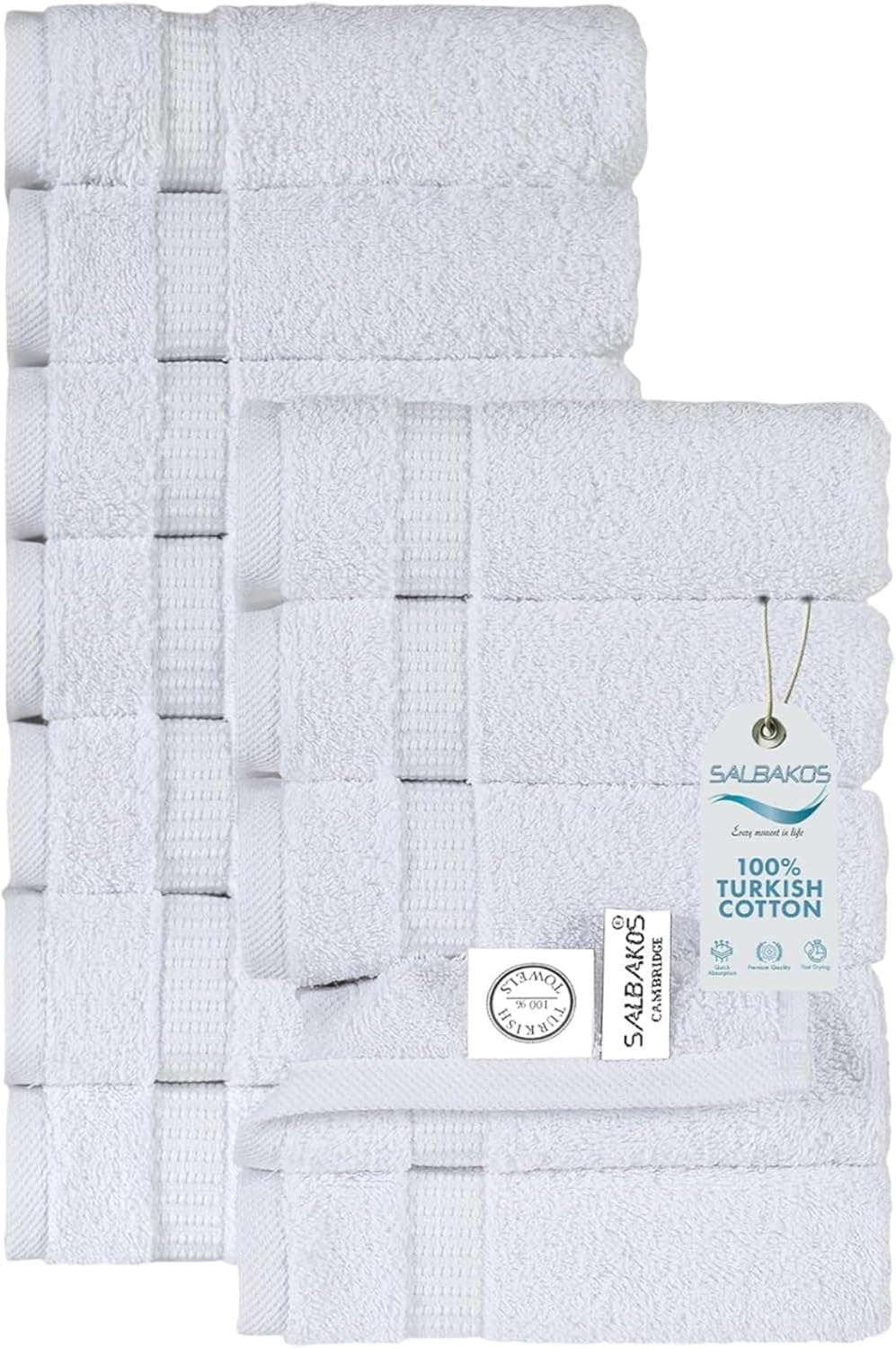 SALBAKOS 100% Turkish Cotton Washcloth Set of 12 13x13 inch | Heirloom Quality | Hotel & Spa Collection | Ultra Soft, Super Absorbent, Washcloth Towels | Made in Turkey (White, 12 Washcloths)