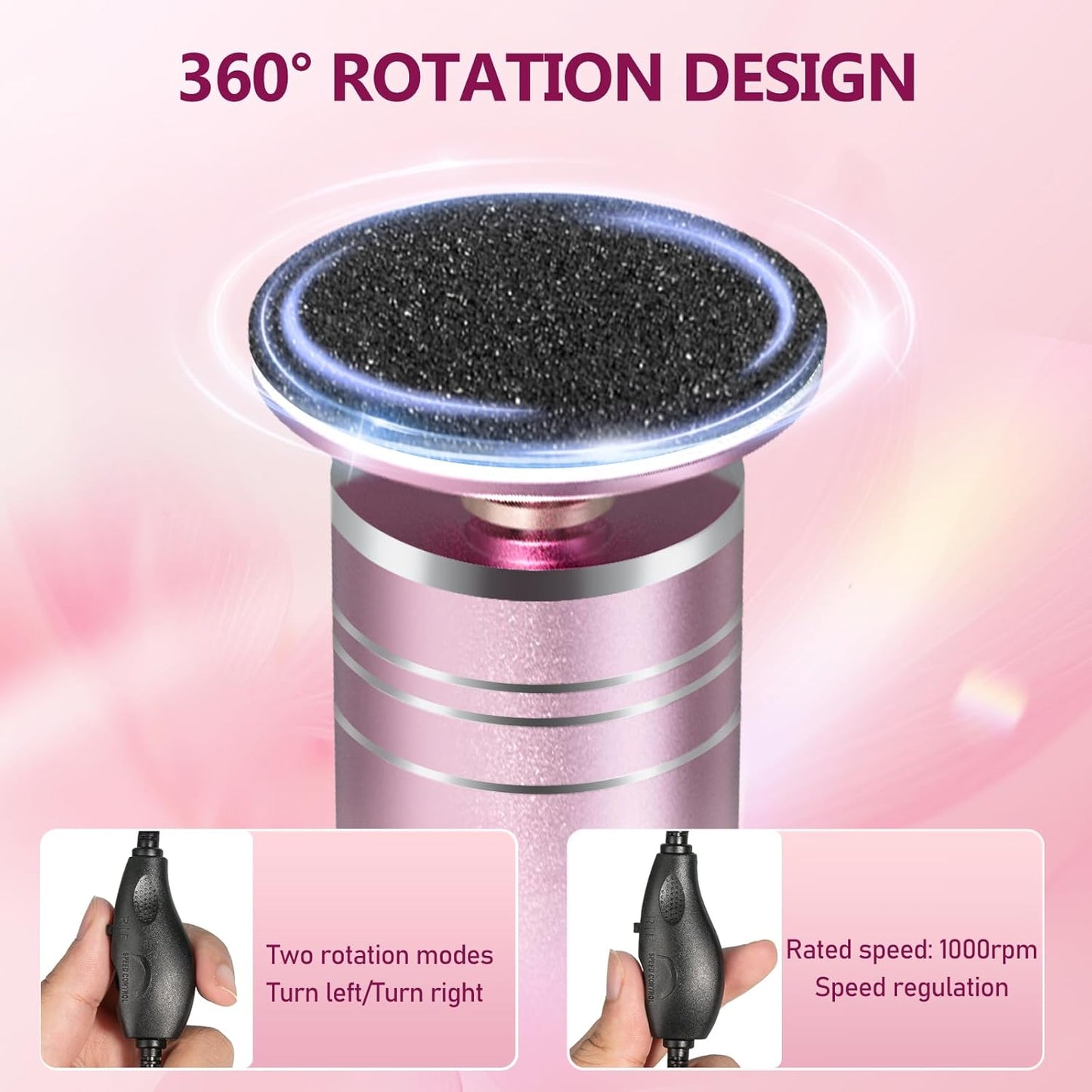 krofaue 1000RPM Electric Foot Callus Remover - Stepless Speed Control Foot Sander with 60pcs Replacement Sandpaper Disk, Electric Foot File Professional Pedicure Tool for Women Dead Cracked Hard Skin