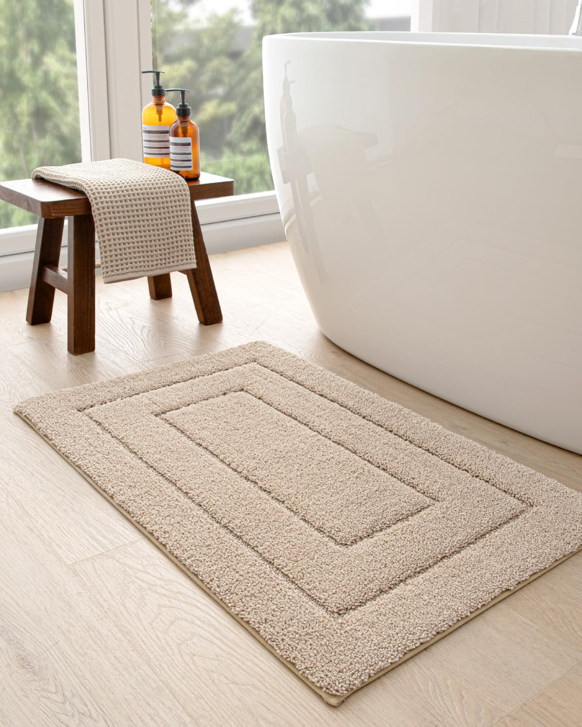 DEXI Bathroom Rug 36x24, Non Slip Washable Bath Mat for Shower Floor, Absorbent Soft Bathmat with Rubber Backing, Quick Dry Microfiber Carpet, Beige