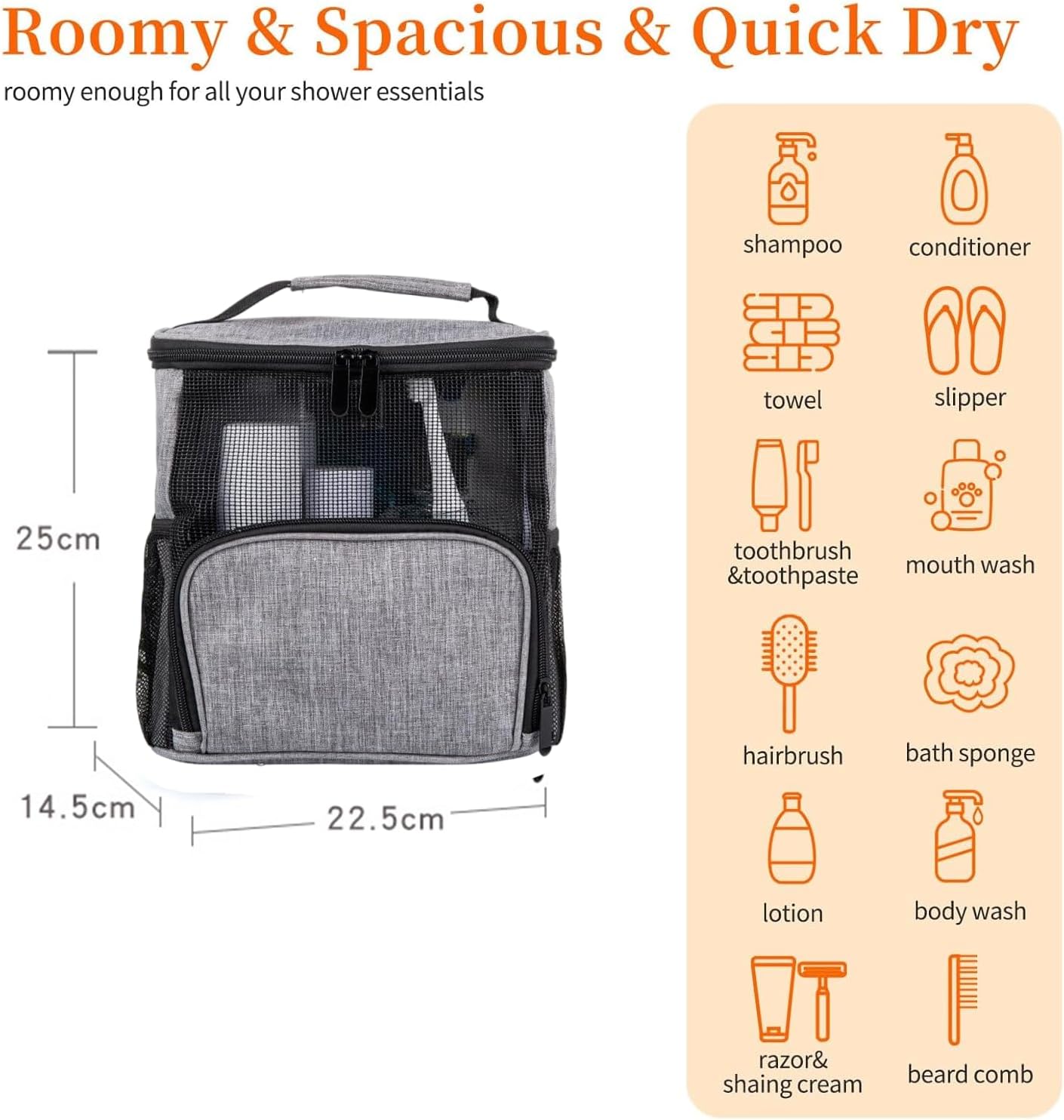 Shower Caddy Hanging Portable-Dorm Room Essentials,Waterproof Shower Bag Travel, Quick Dry- Metal Hooks Bathroom Tote Durable,Men,Women