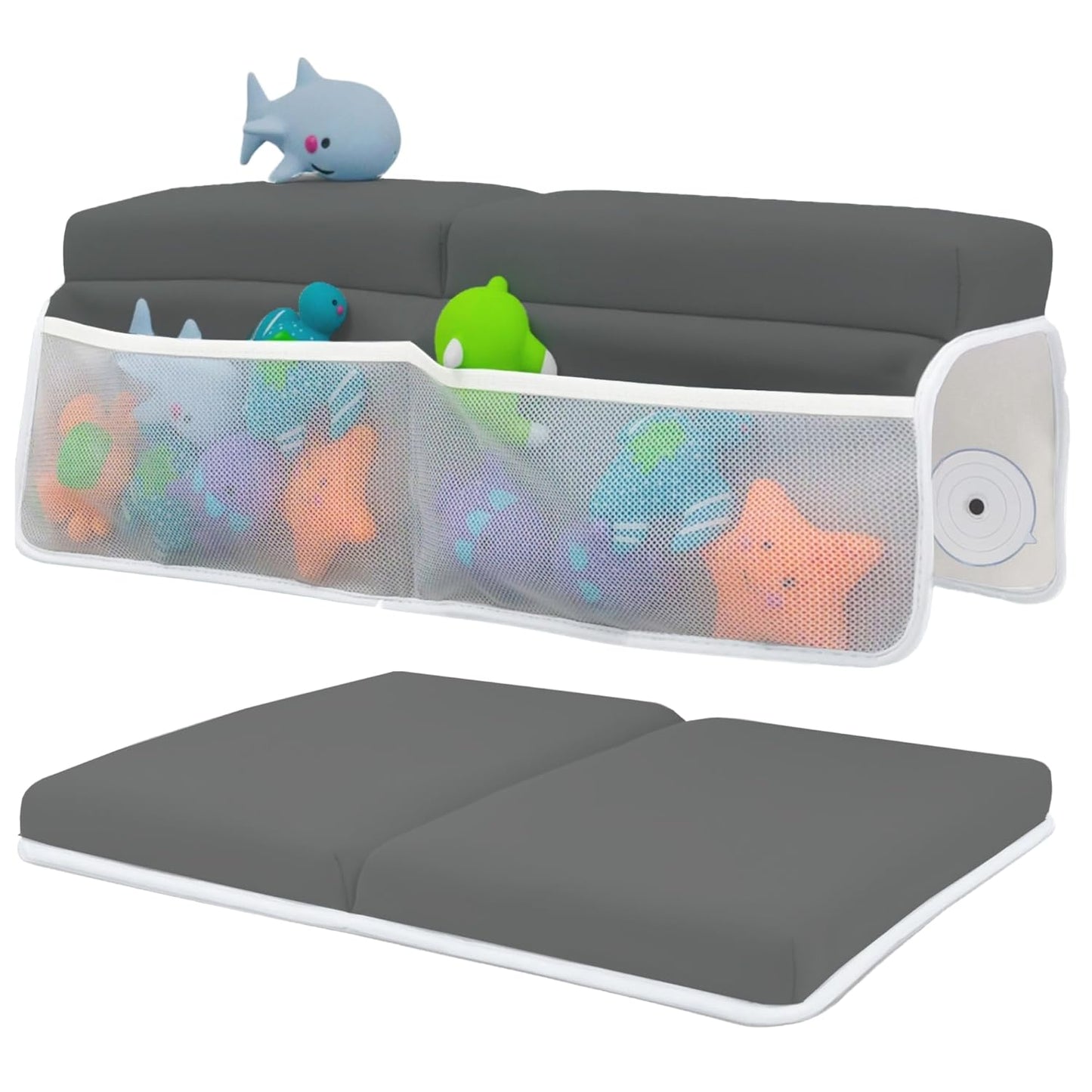 Comfortable Baby Bath Kneeler and Elbow Rest Pad Set – Thick Memory Foam Bath Kneeling Pad with Elbow Support – Baby Bathtub Cushion with Toy Organizer for Bathing Infant or Toddler - Dark Grey