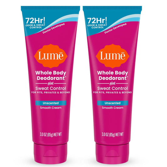 Lume Whole Body Deodorant Plus Sweat Control - Smooth Cream Tube - 72 Hour Odor And Sweat Control - Baking Soda Free, Skin Loving - 3.0 ounce (Pack of 2) (Unscented)