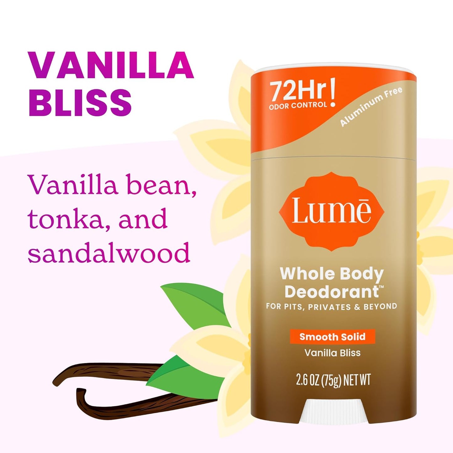 Lume Whole Body Deodorant - Smooth Solid Stick - 72 Hour Odor Control - Doctor Developed - Aluminum Free, Baking Soda Free and Skin Loving - 2.6 Ounce (Pack of 3) (Vanilla Bliss)