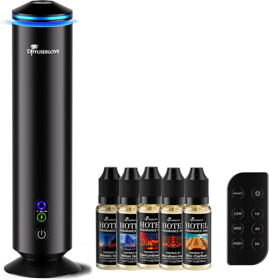 Diffuserlove Full Metal Body Waterless Scent Diffuser with 5 Hotel Scent Oils Hotel Collection Diffuser Waterless Aromatherapy Essential Oil Diffuser UP to 2000 Sq Ft Coverage for Home Office