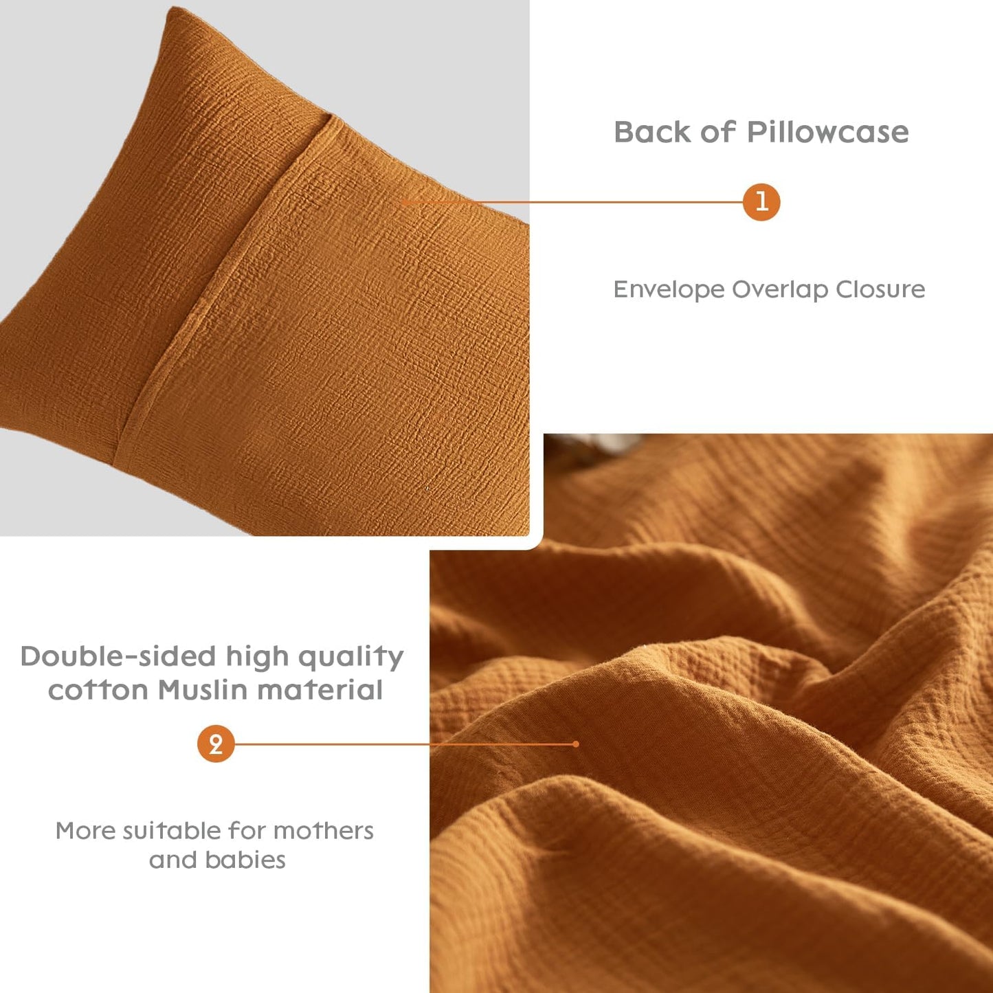 SE SOFTEXLY Muslin Pillowcases King Size 100% Cotton, 2 Pack Linen Like Pillow Shams with Envelope Closure, Ultral Soft and Breathable Pillow Case Covers, Pumpkin, 20" X 36", No Filling
