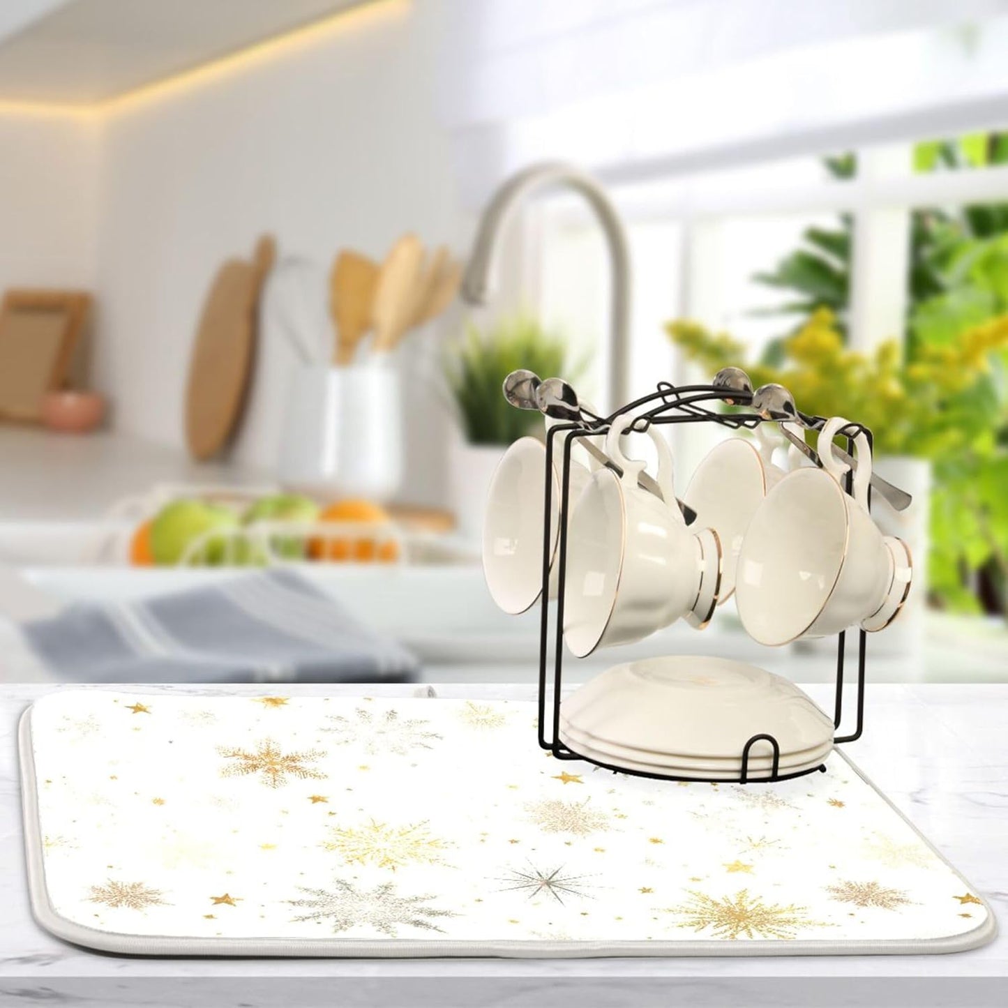 Winter Snowflake White Dish Drying Mat for Kitchen Countertop 18x24 Christmas Snow Golden Xmas Large Drying Mat Reusable Quick Dry Dish Sink Mats Easy Clean Decorative Essentials