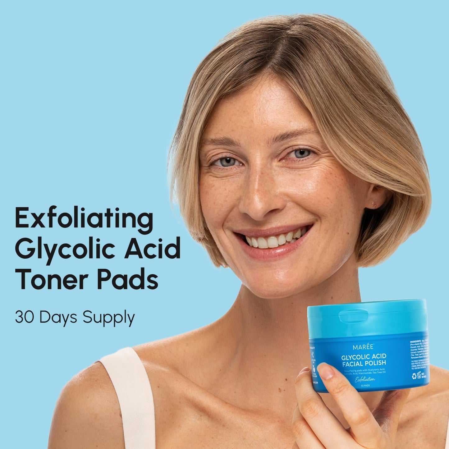 MAREE Glycolic Acid Polishes 2 PACK - Toner Polishes for Face Cleansing - Tea Tree Oil, Salicylic Acid & Vitamins E, B3, B5 - Facial Peel & Radiance Deep Cleaning Effect