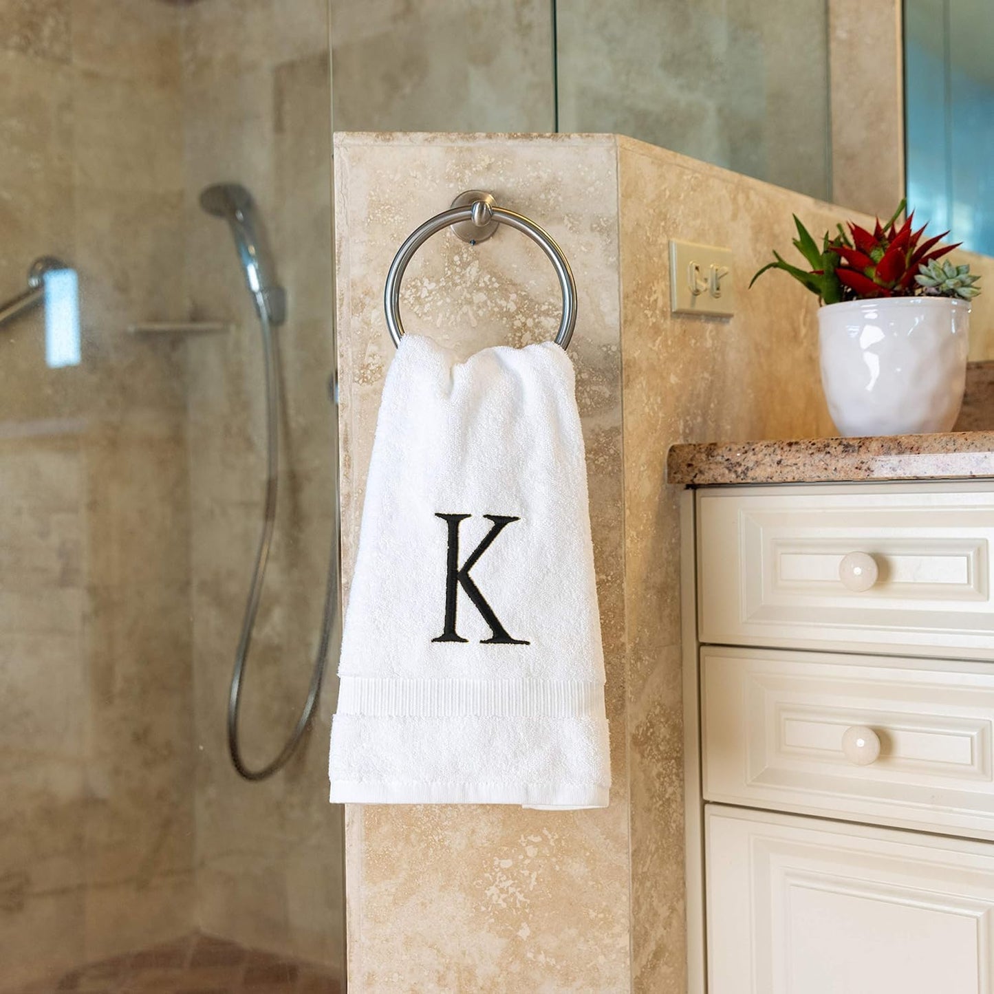 Black Monogrammed Bathroom Hand Towel - Black & White Luxury Hotel Quality Personalized Initial Decorative Embroidered Towel for Powder Room, Spa - GOTS Organic Certified - Set of 2 Letter K