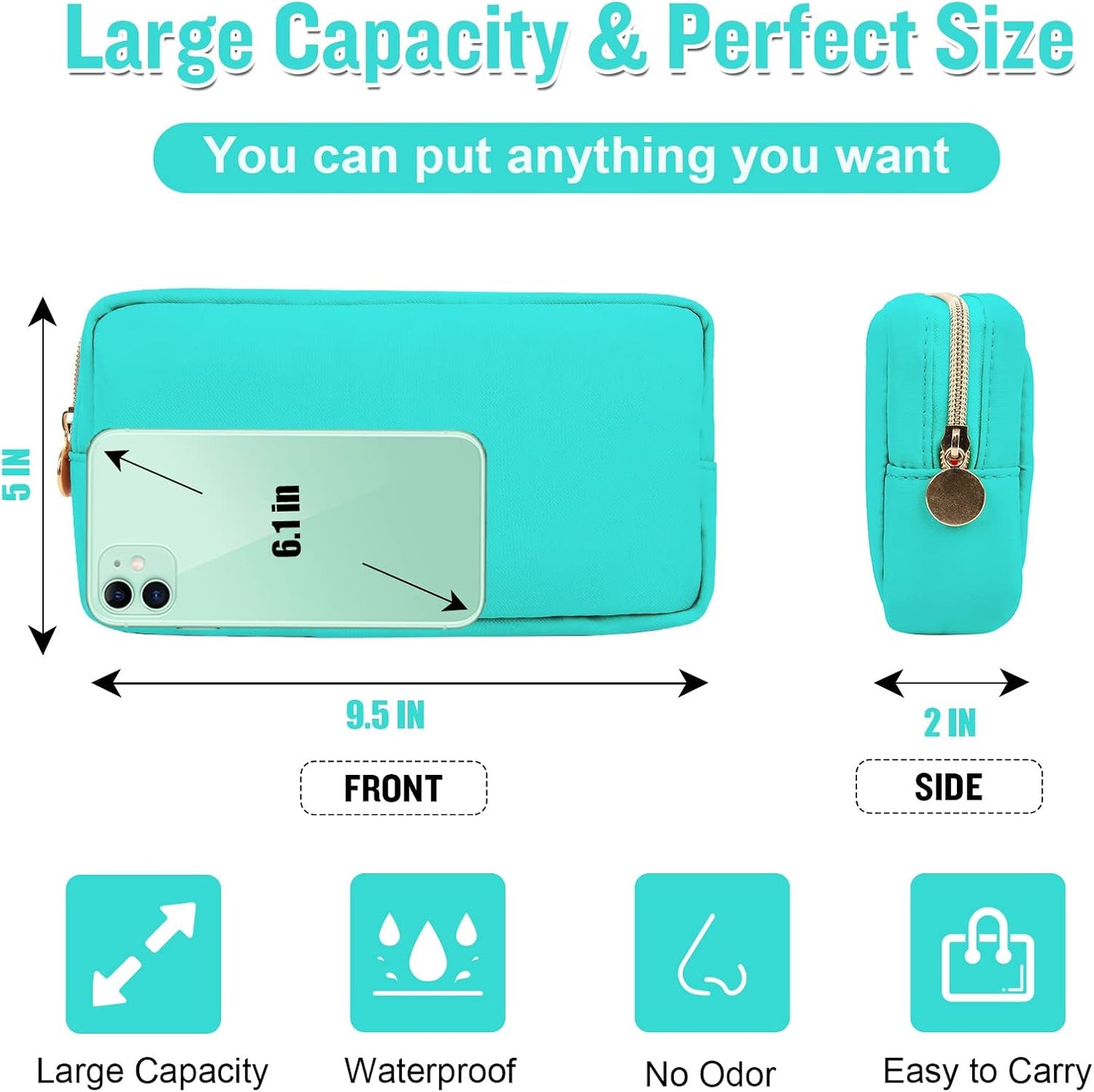 Nylon Small Makeup Bag for Purse, Cute Preppy Makeup Bag Cosmetic Zipper Pouch Purse, Waterproof Portable Travel Toiletry Bag Coin Pouch Clutch Makeup Brush Bag Organizer Storage for Women Girls(Mint)