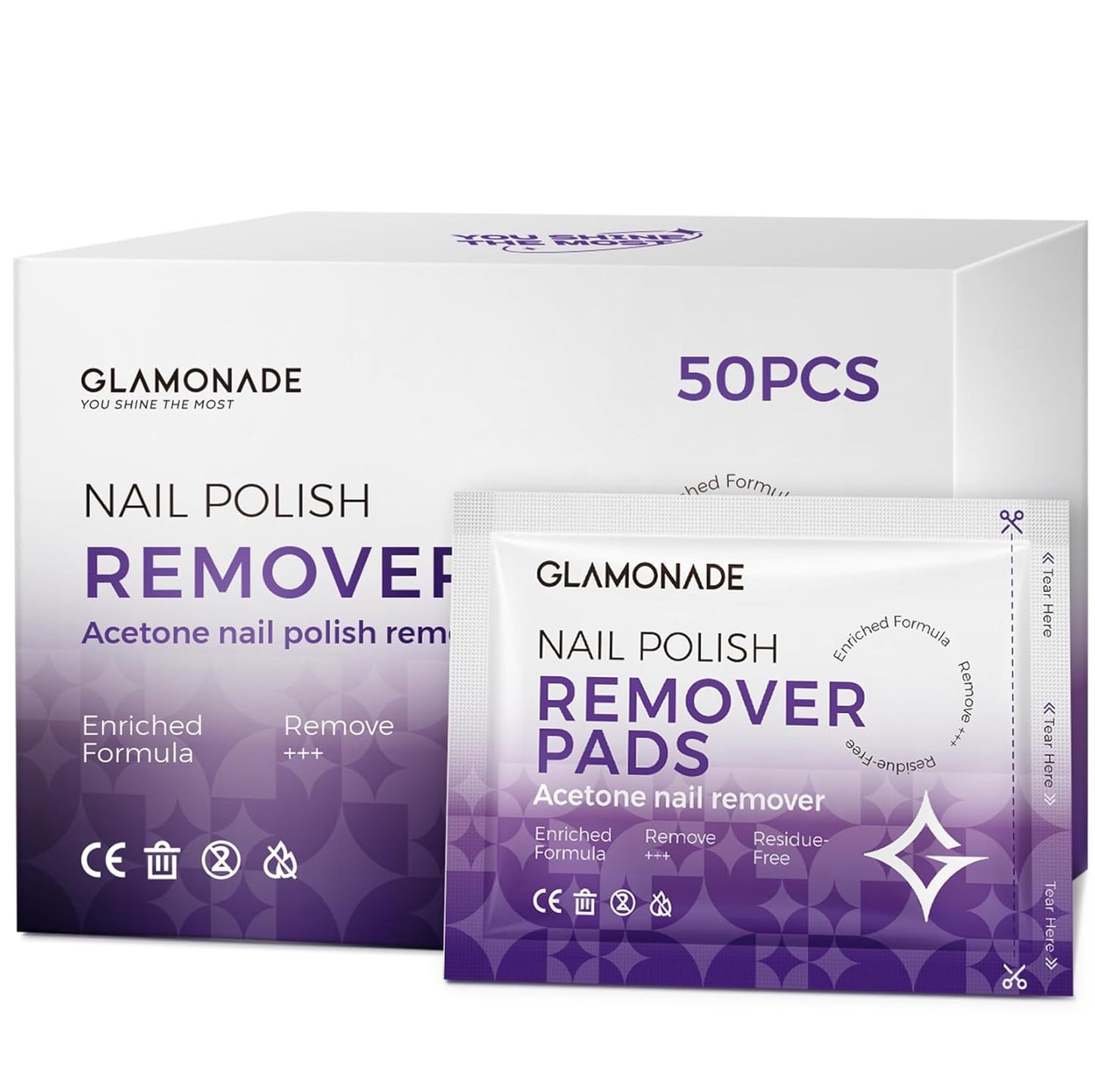 Nail Polish Remover Pads: 50 Pack Bulk Set Acetone Nail Polish Remover Wipes Individually Wrapped - Rapidly Remove Gel Polish & Fingernail Polish Travel Kit for Home & Salon