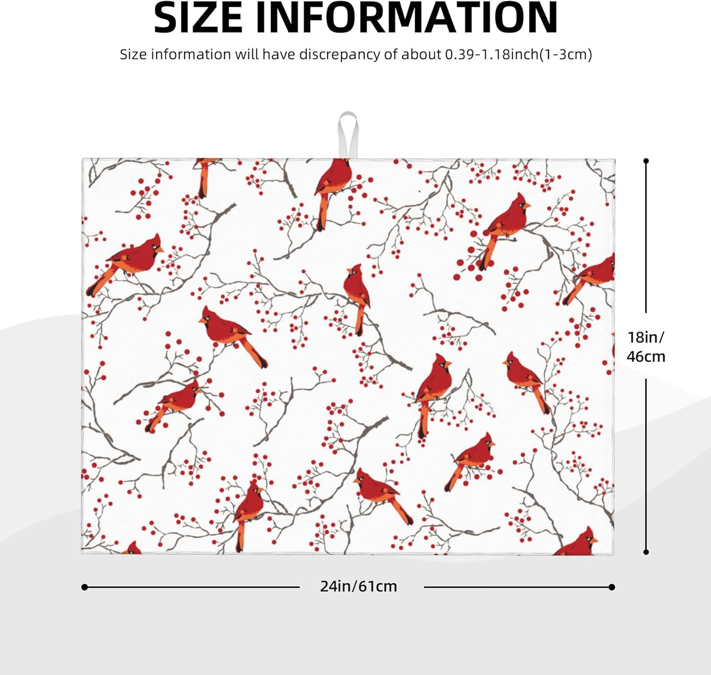 Cardinal Bird Red Berry Decor Microfiber Dish Drying Mat for Kitchen Counter Cute Dishes Pad Dish Drainer Rack Mats 18"x24" Absorbent Washable Reusable Home Holiday Decor