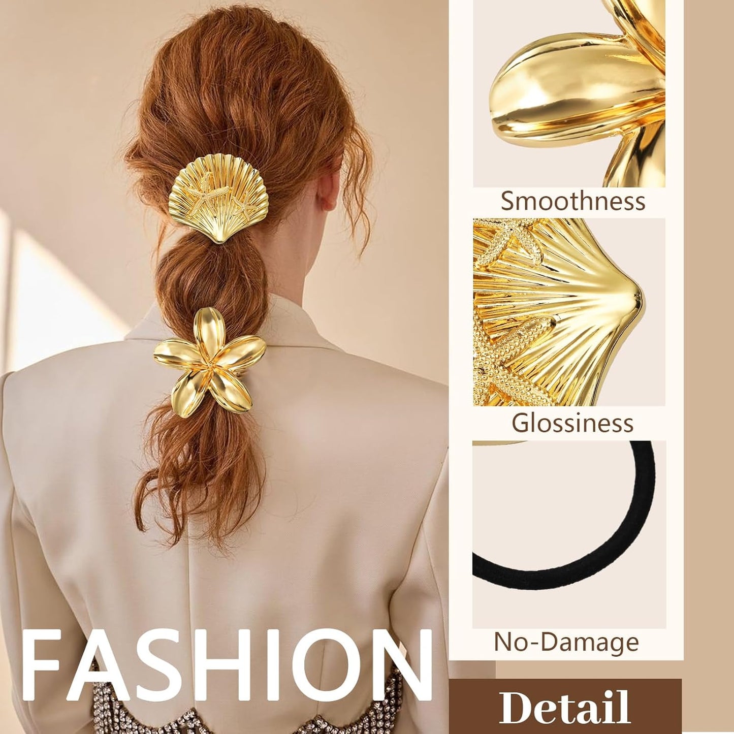 3PCS Gold Hair Ties, Metal Hair Ties for Thick Hair, Elegant Durable Geometric Design, Gold Hair Accessories Stretchy and Non-Damage Ponytail Holders, Ocean Pattern 3 Style Starfish Shell Flower