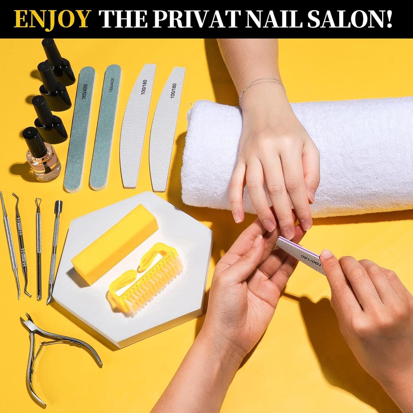 FANDAMEI Nail Care Set, Nail Files 100/180, Nail Buffer Block, Cuticle Tools, Nail Cuticle Nippers, Cuticle Trimmer, Cuticle Pusher, Manicure & Pedicure Kits, Toenail File, Yellow