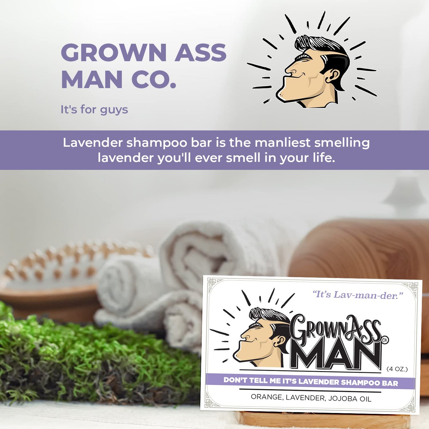 Grown Ass Man Co. - Solid Shampoo Bar Rich Lather 3 in 1: Hair, Beard & Body Wash - Plastic Free & Eco-Friendly, Natural & Organic for All Hair Types, 4oz Bar (Don't Tell Me It's Lavender, 6-Pack)