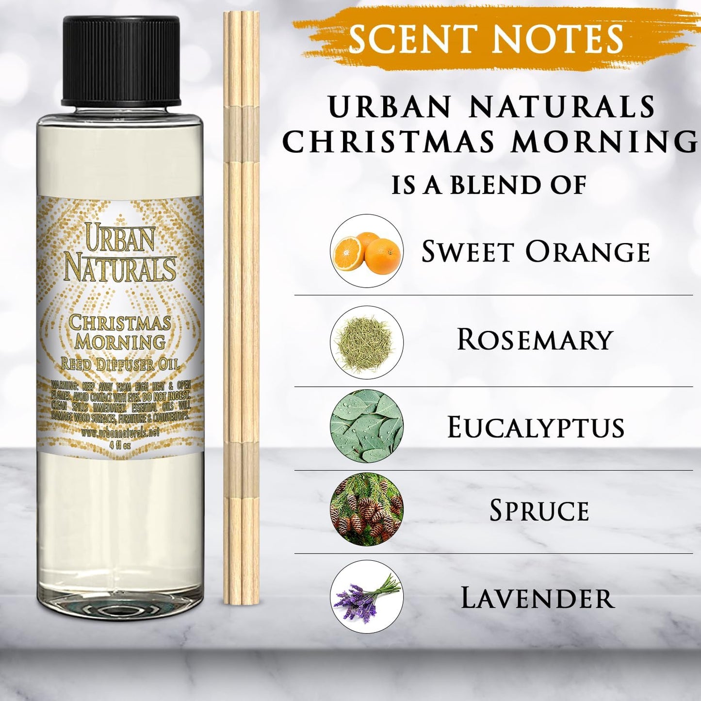 Urban Naturals Reed Diffuser Oil Refill Christmas Morning, Rosemary, Eucalyptus, Balsam Spruce, Orange, Essential Oils, 4 oz + Free Reed Sticks, Made in The USA