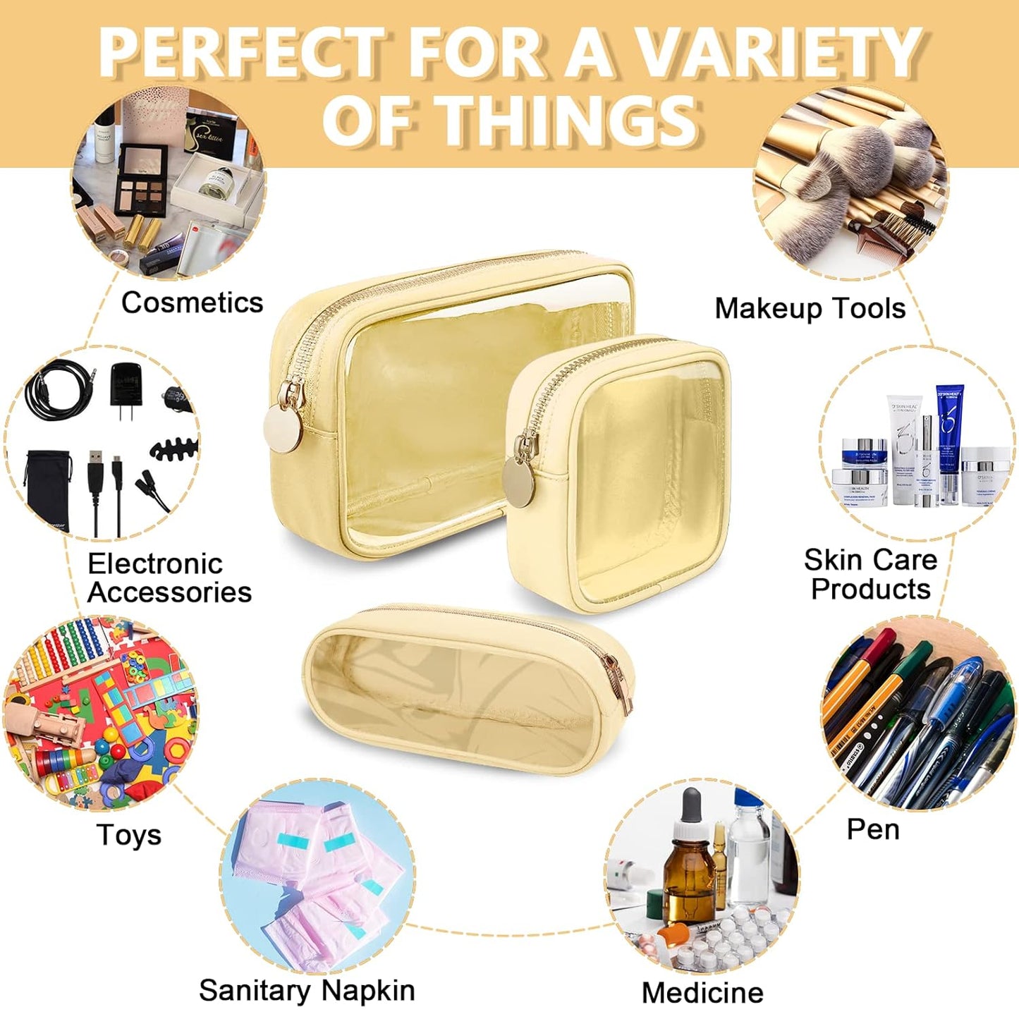Clear Mini Makeup Bag for Purse, Small Nylon&PVC Cosmetic Bag TSA Approved Toiletry Bag with Zipper, Transparent Travel Bag Coin Purse for Women Men Girls(Beige)