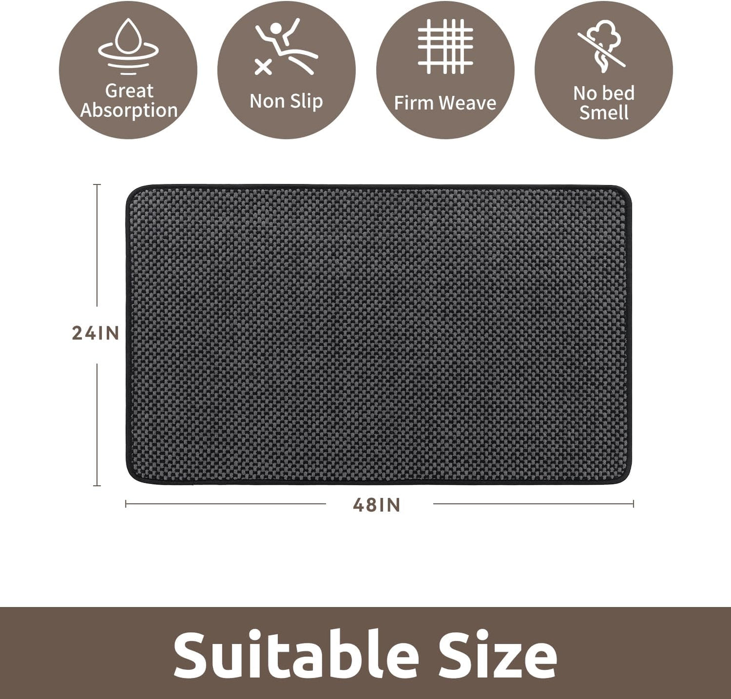 AMOAMI Chenille Bath Mat Super Absorbent Bathroom Mat Quick Dry Low Pile Bath Mats for Bathroom Washable Rubber Backed Bathroom Runners Fit Under Door, Front of Bathtub, Sink, Darkgrey&Black 24"x48"