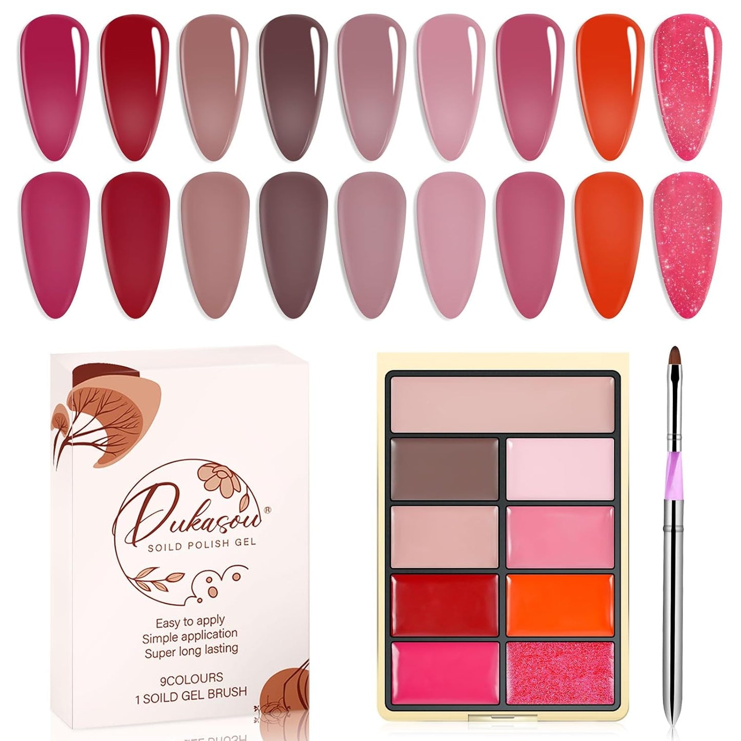 Solid Gel Nail Polish Set, 9 Colors Glitter Pink Red Solid Cream Gel Polish Palette with Brush, Solid Ombre Nail Polish for Women DIY Manicure Art