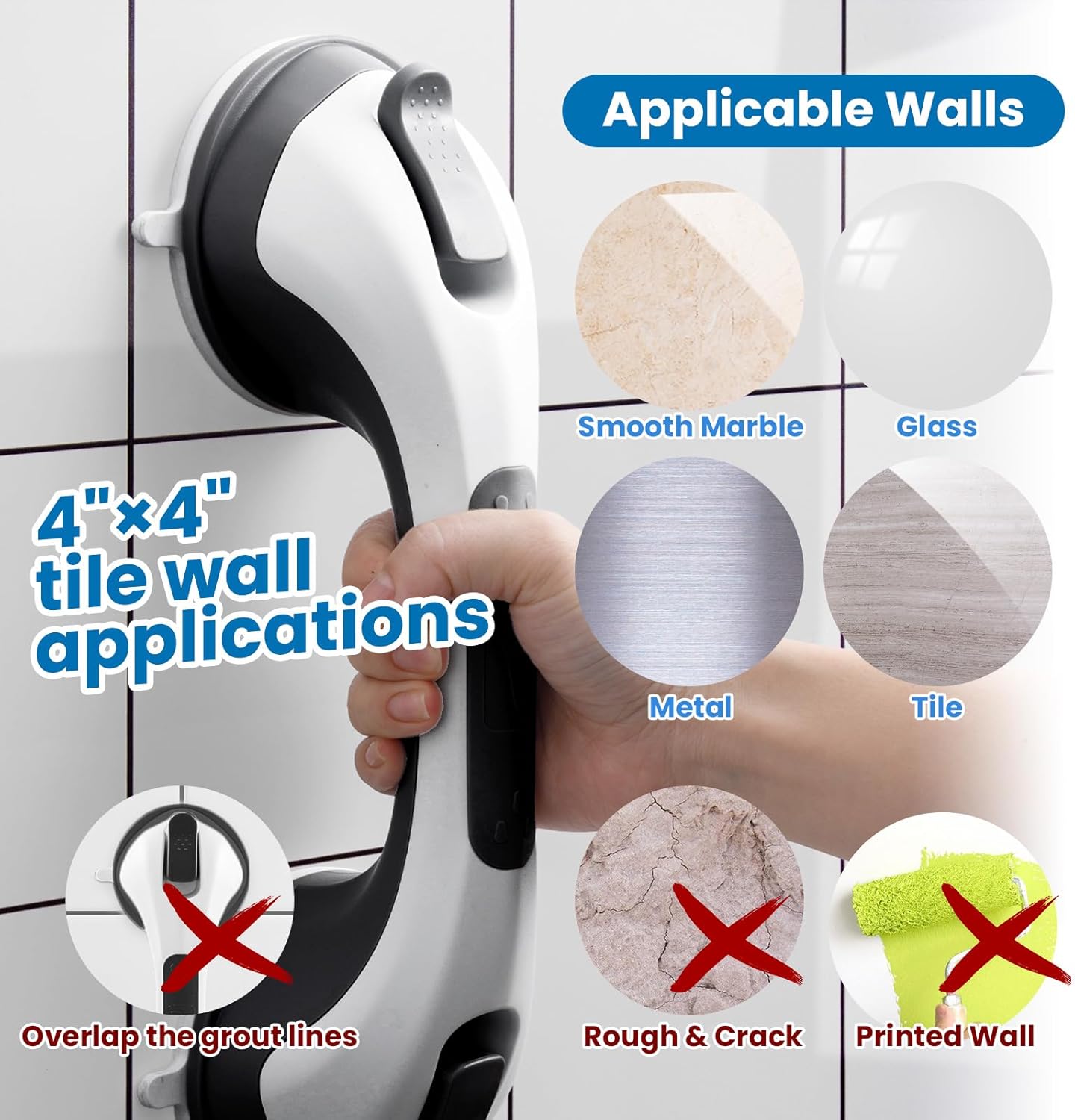 LEVERLOC Shower Grab Bar, 12 Inch Suction Grab Bars for Bathtubs, Shower Handle Handrail for Seniors Bathroom Safety Grip for Elderly, Heavy Duty No Drilling Removable,Black