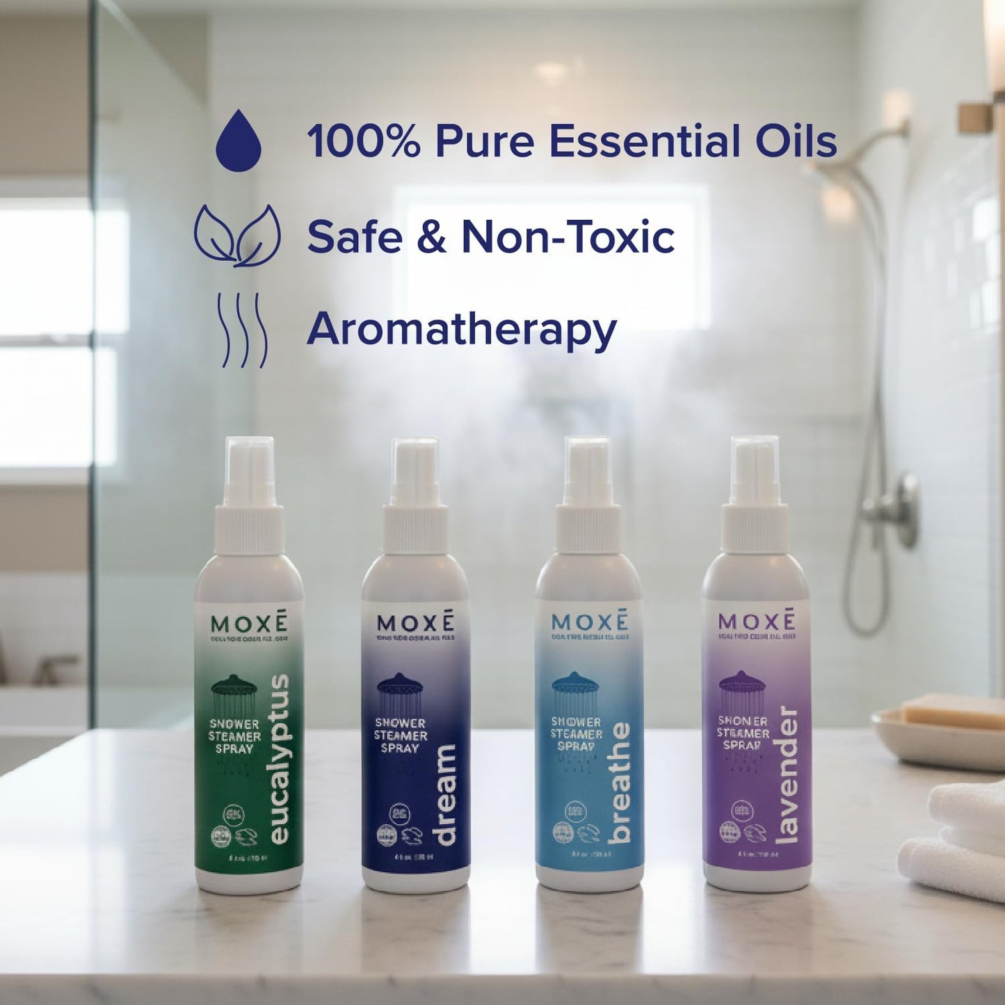 MOXE Aromatherapy Shower Mist Variety Pack, Eucalyptus, Lavender, Breathe and Dream, Spa Steam Spray, Natural 100% Essential Oils, Made in USA, Aromatherapy, Sinus Congestion Relief, 4 Pack (8oz)