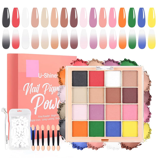 Nail Pigment Powder Palette Set, 16 Colors Ombre Nail Powder Palette with 100pcs Sponges & Tweezers French Aura Nails Ombre Nail Brush Nail Long-lasting Manicure Art DIY Accessories 09 Set