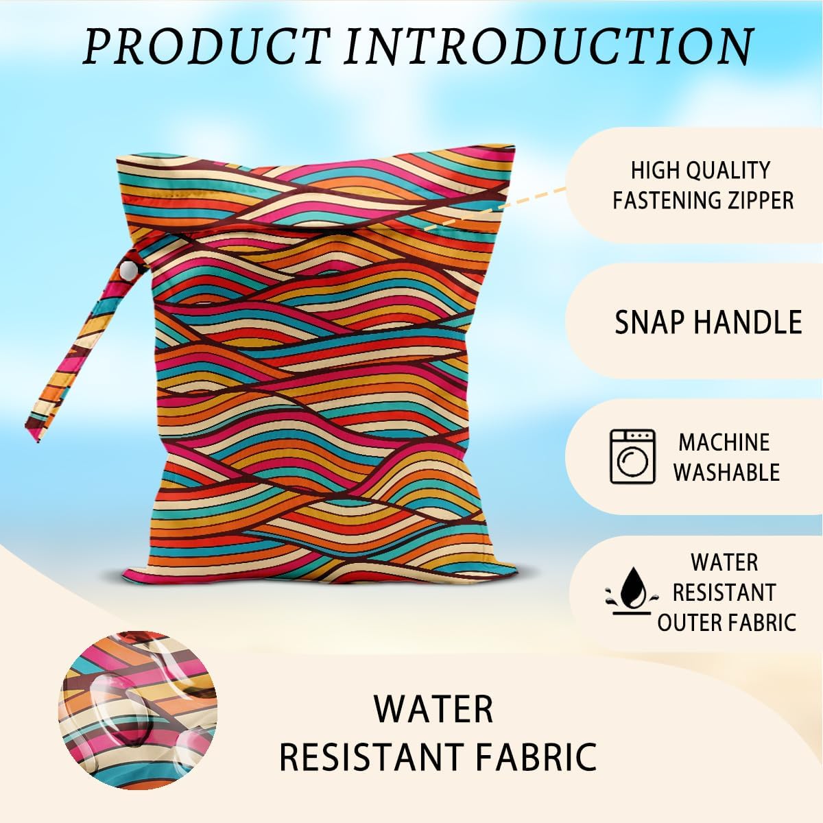 Wave Wet Bags 12x10 Inch, Colorful Wave Waterproof Travel Laundry Bags, Washable Reusable Wet Dry Bag for Swimsuit Pool Beach Diapers Dirty Yoga Gym Clothes, Travel Gifts for Women Friend Travelers