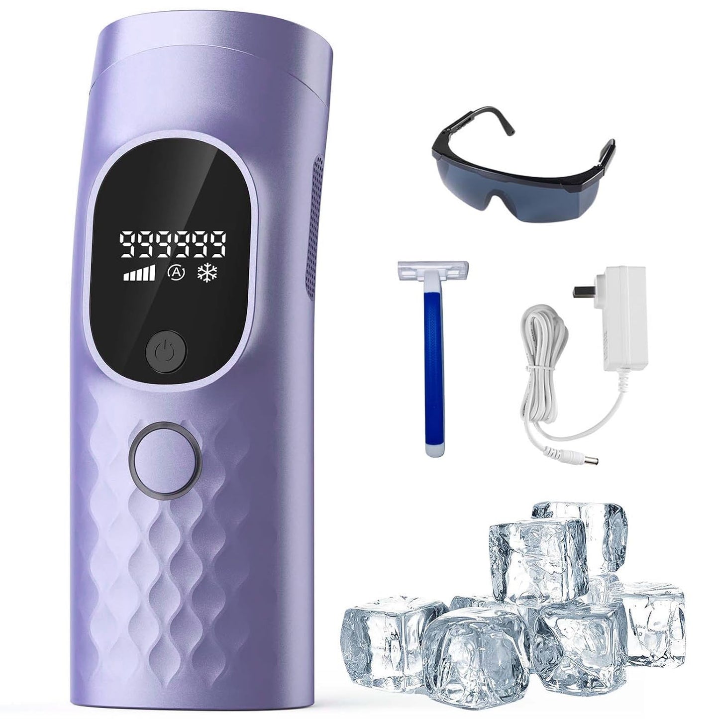 Laser Hair Removal for Women and Men - Permanent Painless Ice Cooling IPL Device Remover Machine with Shaver, Goggles, 999,999 Flashes for Body and Face, Corded - Purple