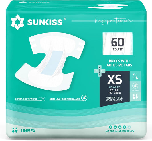 SUNKISS TrustPlus Adult Diapers with Maximum Absorbency, Unisex Disposable Incontinence Briefs with Tabs for Men and Women, Odor Control, XSmall, 60 Count (4 Packs of 15)