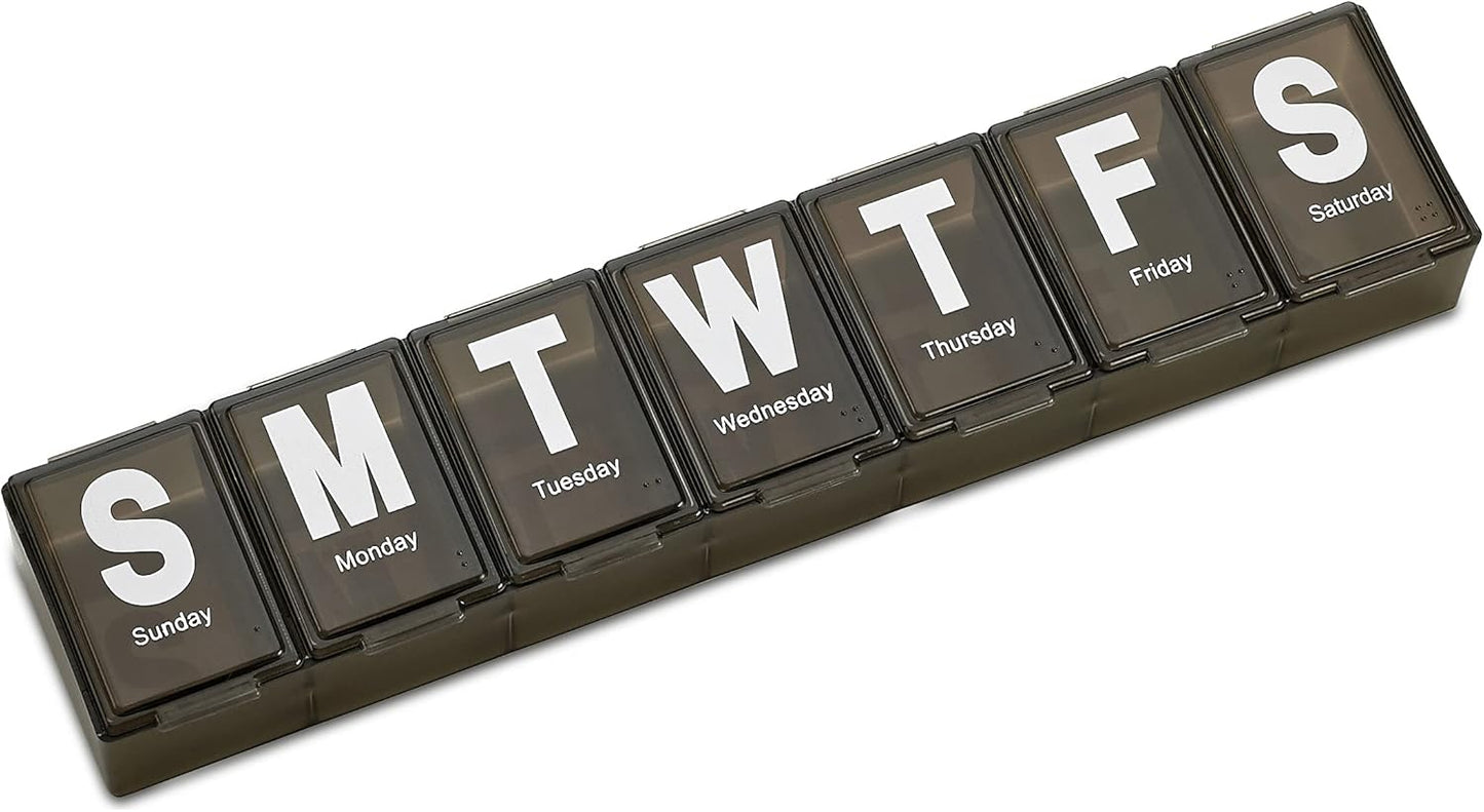 Weekly Pill Organizer - Extra Large with Easy to Read Jumbo Letters Vitamin Container, BPA Free - Daily Travel 7 Day Medication Pill Box Case, (Black)