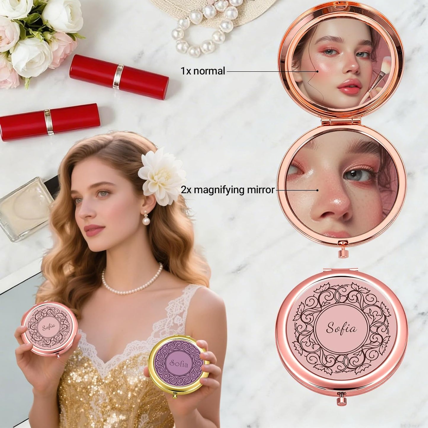 Custom Compact Mirror with Name - Personalized Flip Makeup Travel Pocket Mirror Gift for Women Bridesmaids Wedding Birthday (Beautiful Line)