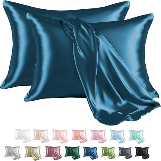 MR&HM Satin Pillowcase for Hair and Skin, Silk Satin Pillowcase 2 Pack, King Size Pillow Cases Set of 2, Silky Pillow Cover with Envelope Closure (20x36, Teal)