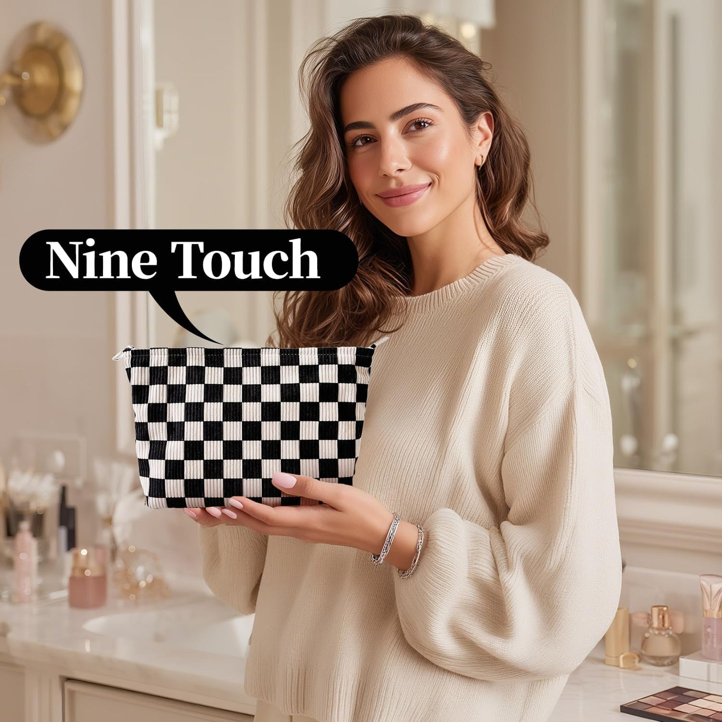 Checkered Corduroy Makeup Bag for Women, Black and White Gingham Cosmetic Bag with Zipper, Corduroy Travel Toiletry Bag, Sunscreen Sunblock Spf Bag, Hygiene Medicine Pouch,Organizer for Purse