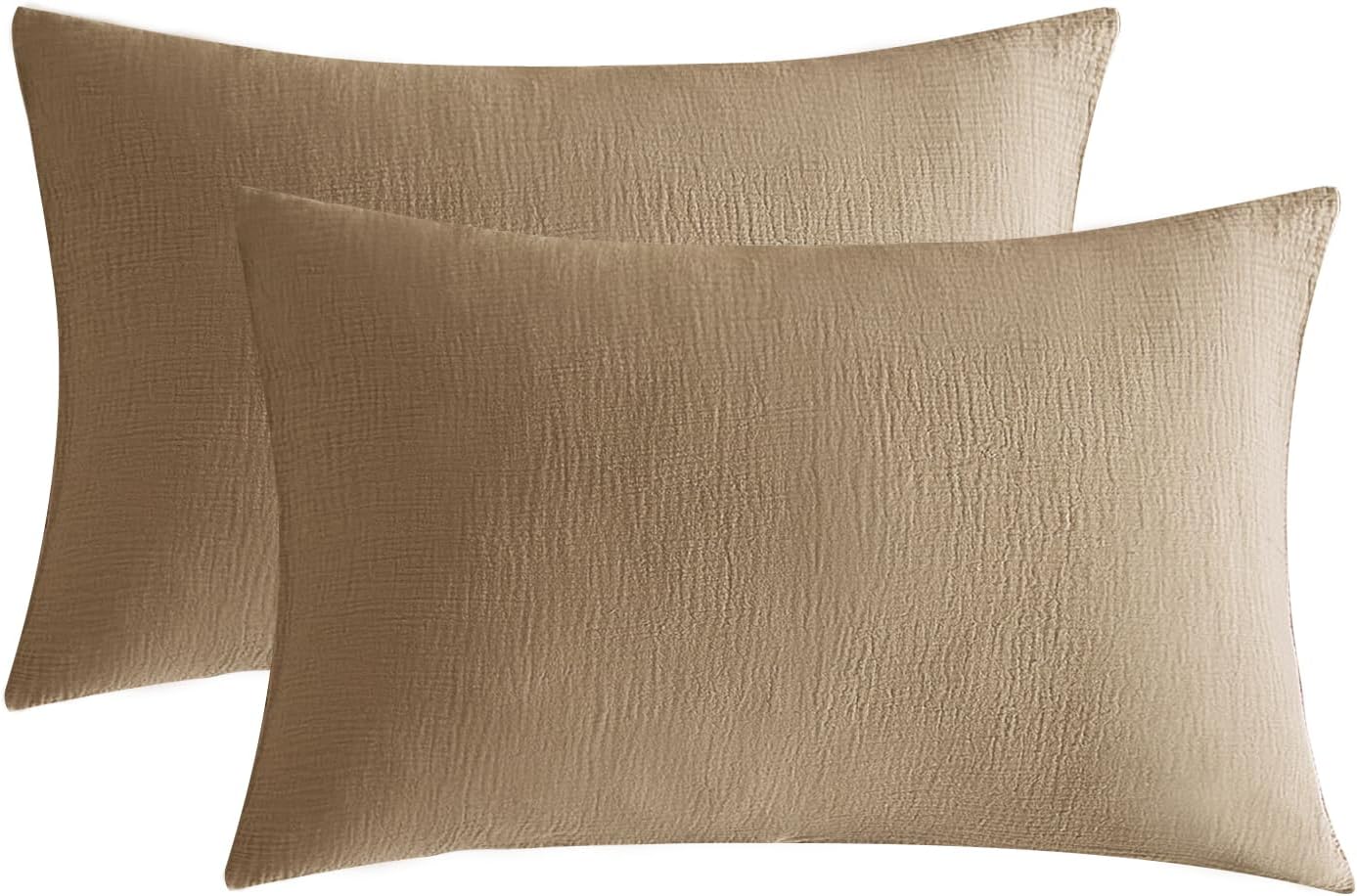 SE SOFTEXLY Muslin Pillowcases Queen Size 100% Cotton, 2 Pack Linen Like Pillow Shams with Envelope Closure, Ultral Soft and Breathable Pillow Case Covers, Light Brown, 20" X 30", No Filling