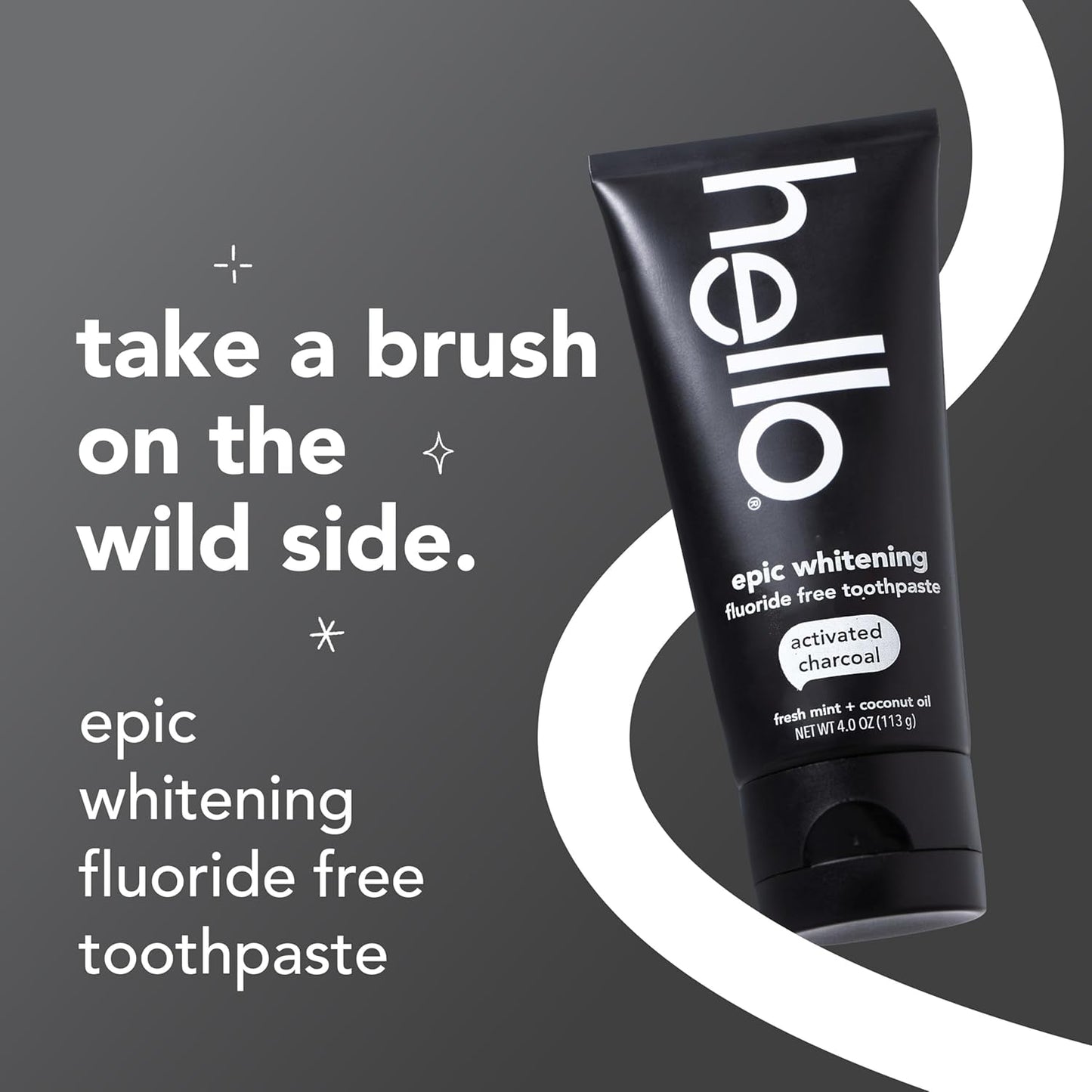 hello Epic Whitening Charcoal Fluoride Free Toothpaste, Activated Charcoal Toothpaste with Coconut Oil, Whitens Teeth Naturally, SLS Free, Fresh Mint, 4.0 Oz Tube