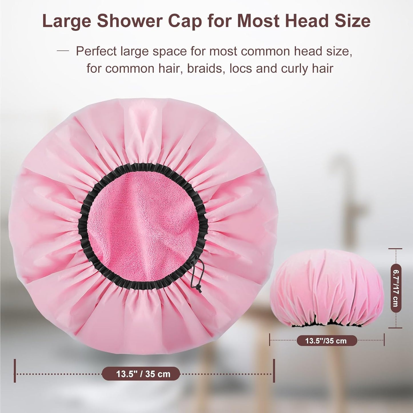 2 Pcs 13.5" Dual Waterproof Design Adjustable Terry Shower Cap for Women and Men, EVA Double Layer Bath Cap Reusable for Braids, Long Hair, Dreadlocks