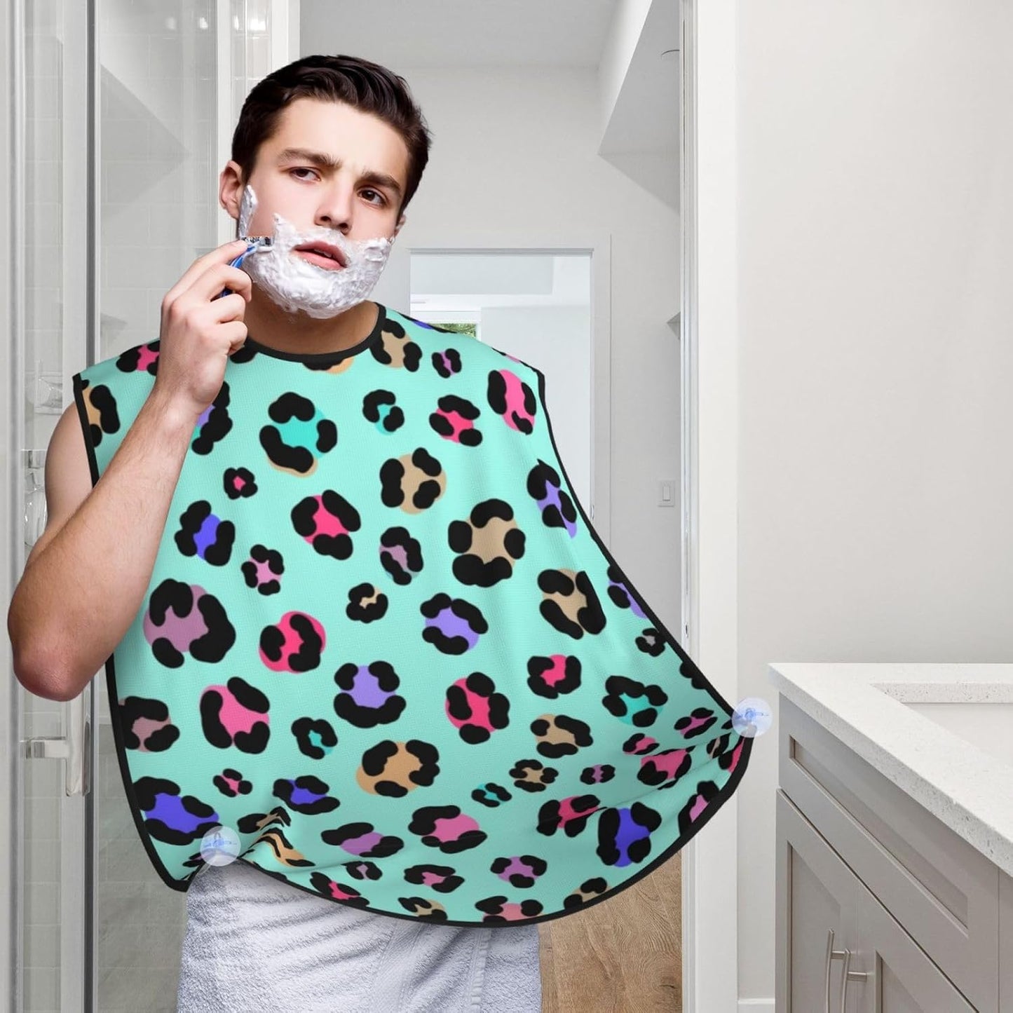 Beard Trimming Catcher Apron, Waterproof Non-Stick Grooming Bib for Shaving, Ideal for Men Dad Father’s Day, Animal Skin Colorful Cheetah Leopard Print Floral Shave Bib