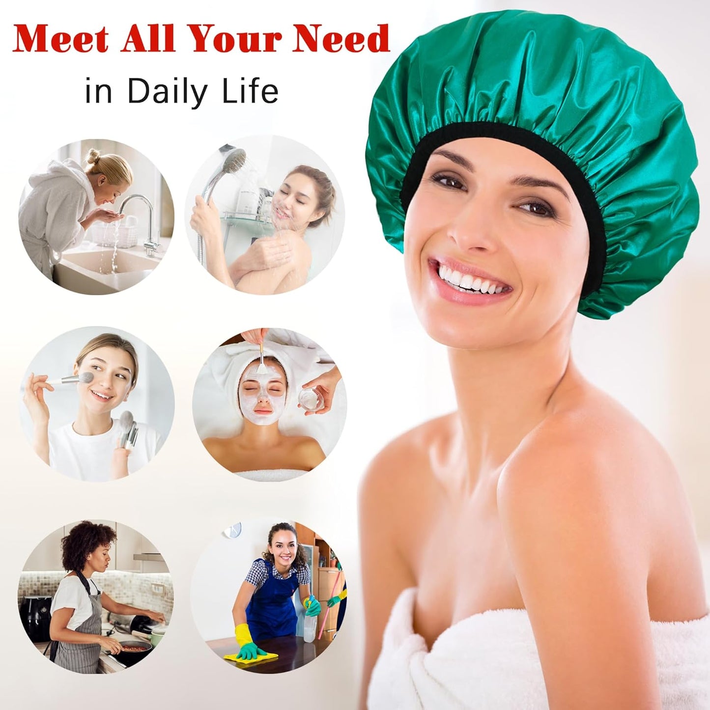 Shower Cap Reusable Waterproof, Terry Lined Shower Caps for Women, Triple Layer Hair Cap for Shower, Large Plastic Shower Cap for Braids Long Hair