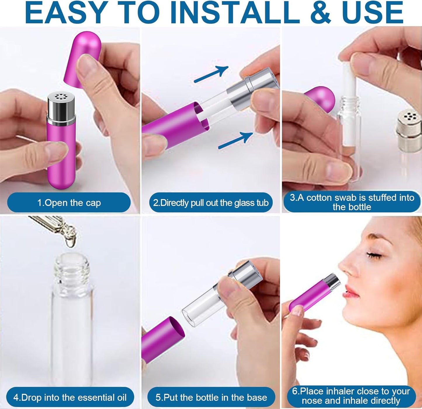 6 Pack Aromatherapy Nasal Inhaler Tubes for Essential Oils, Portable Reusable Blank Aluminum Nasal Inhalers with 2 Mini droppers 24 Cotton Wicks and 24 Writable Stickers