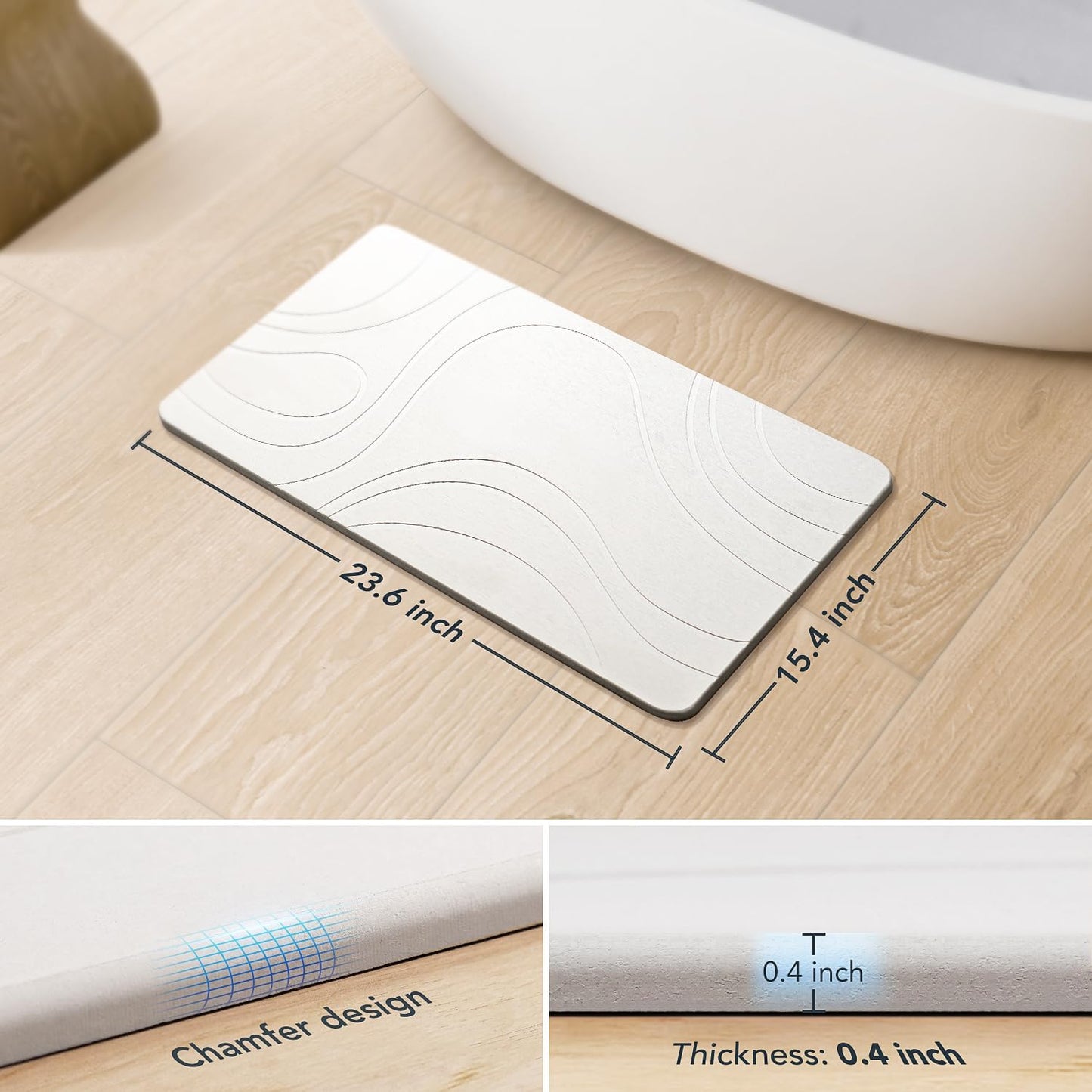 Stone Bath Mat for Bathroom, Quick Dry Diatomaceous Earth Stone Drying Bath Mat, Magic Non Slip Bathroom Shower Floor Mat Modernized Water Absorbing Diatomite White