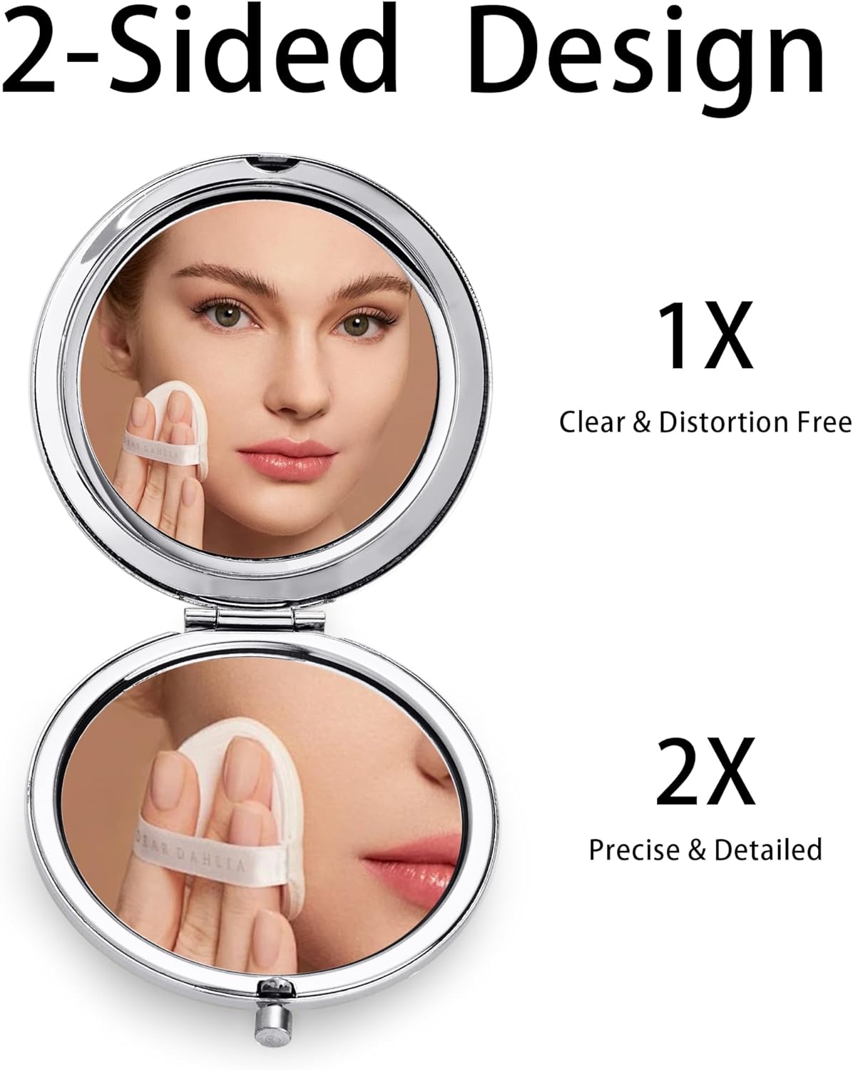 Compact Mirror, Pocket Travel Makeup Mirror for Purse, Metal Round Shell, 2-Sided 1X/2X Magnifying, Portable, Folding, Handheld, Silver, 2 Pack