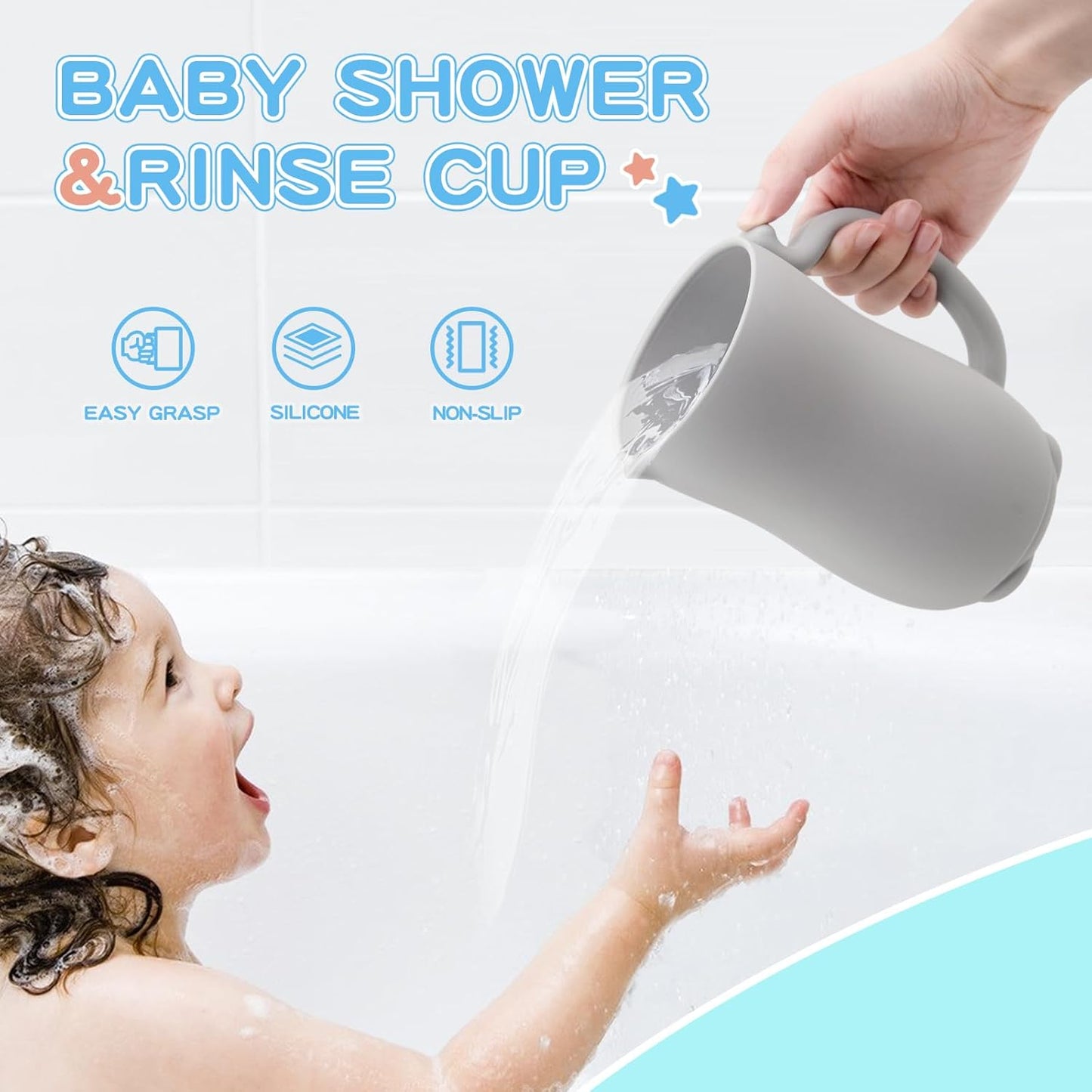 Mandoo Baby Bath Rinse Cup - Food Grade Silicone Shampoo & Body Washing Rinser for Kids With Easy Grip Handle - Baby Essentials (Light Gray)