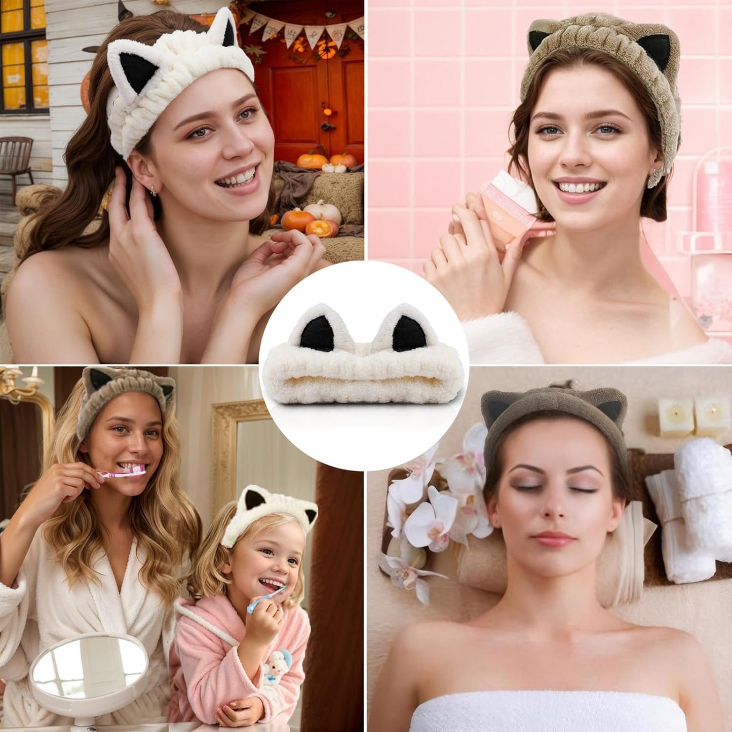 2 Pcs Cat Ears Headband, Cute Spa Headbands for Washing Face Skincare Makeup Headbands for Women Girls Trendy Stuff Present Soft Coral Fleece Hair Accessories(Beige Khaki)